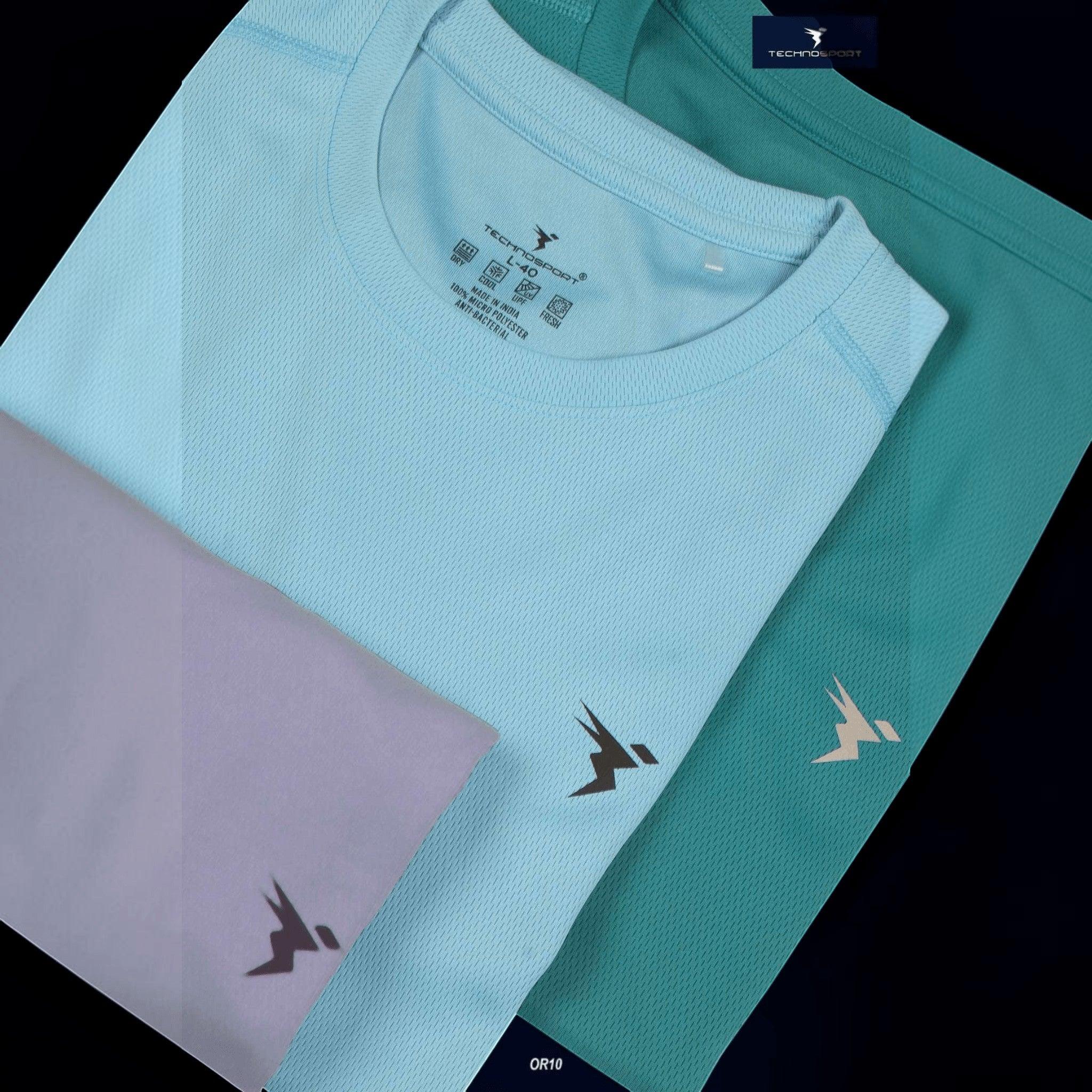 City Center Technosport TechnoCool+ slim fit crew neck t-shirts in light blue, teal, and grey performance fabric.
