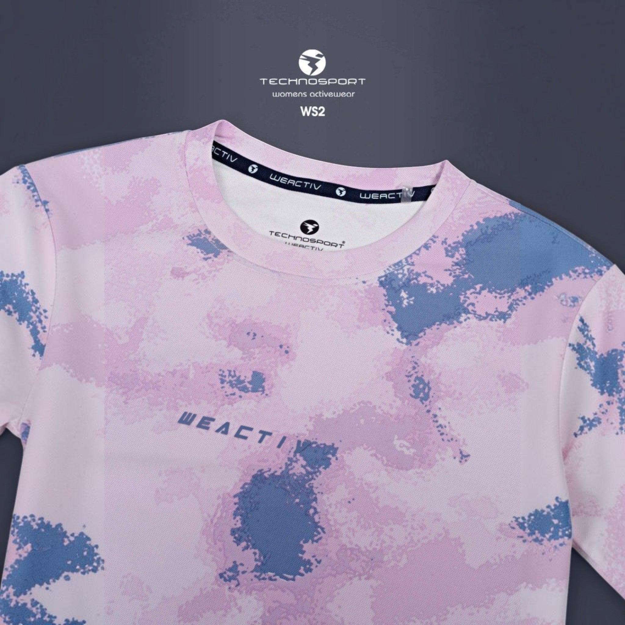 City Center Technosport womens activewear t-shirt in pink and blue abstract tie-dye print with moisture-wicking fabric