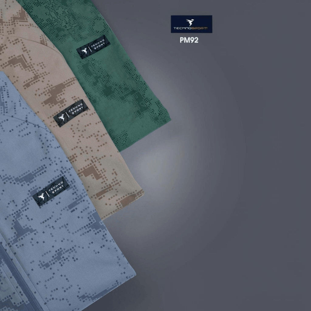City Center Technosport men's hi-neck jackets in blue, beige, and green with pixelated camo print and zip closure.