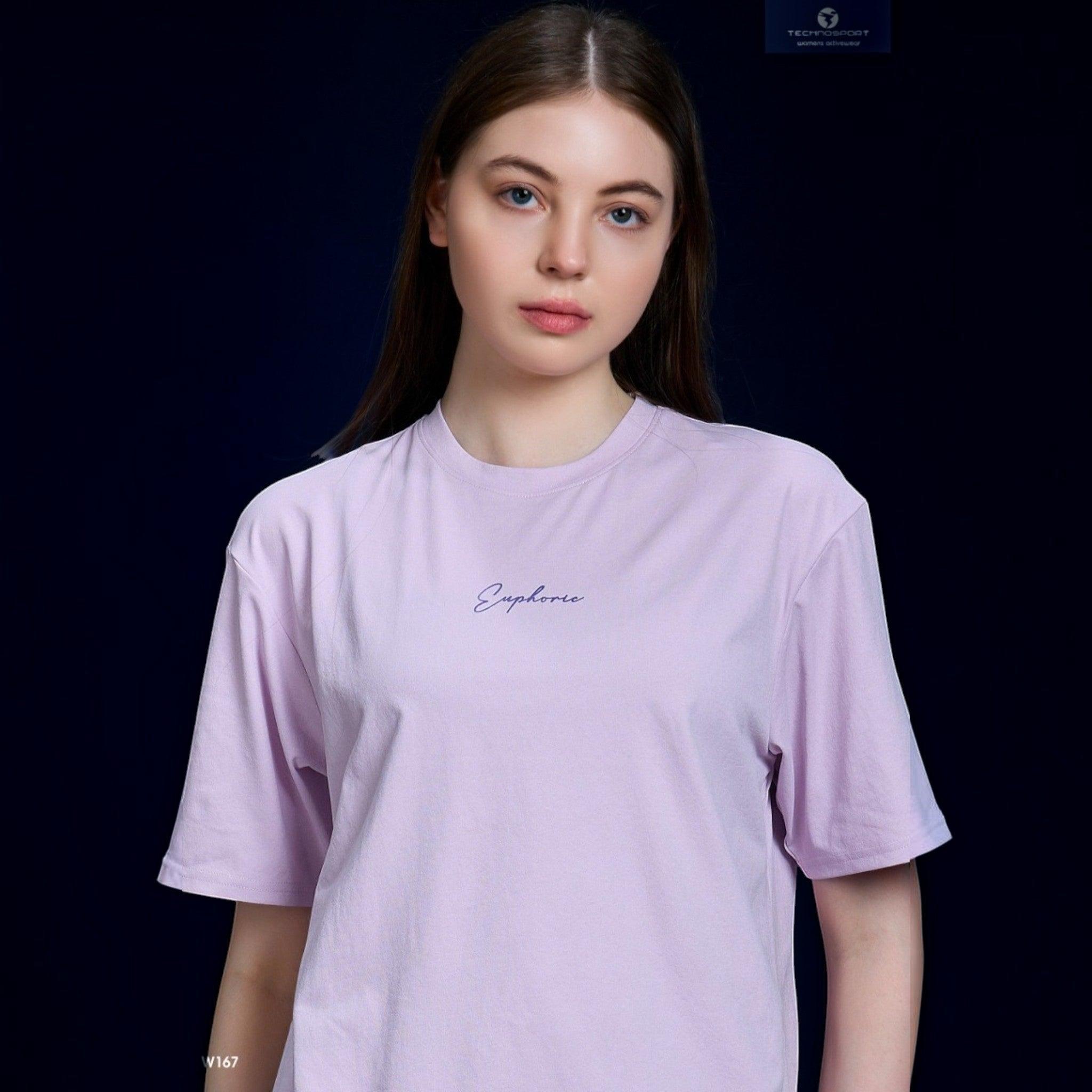 City Center Technosport women's light purple crew neck t-shirt with minimalist script graphic on a model
