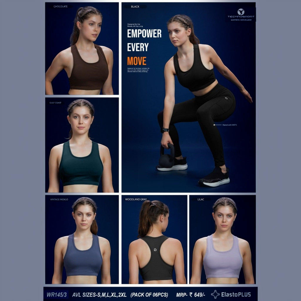 City Center Technosport Elastoplus racer back sports bras in various colours worn by a model during workouts.