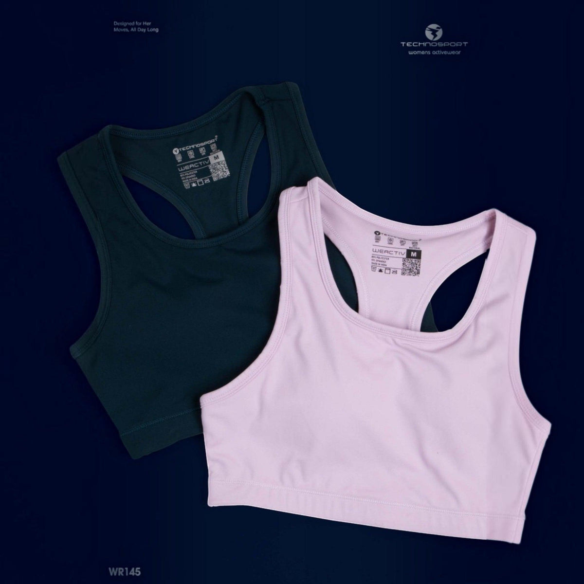 City Center Technosport Elastoplus racer back sports bras in dark grey and light pink with odour-free fabric.