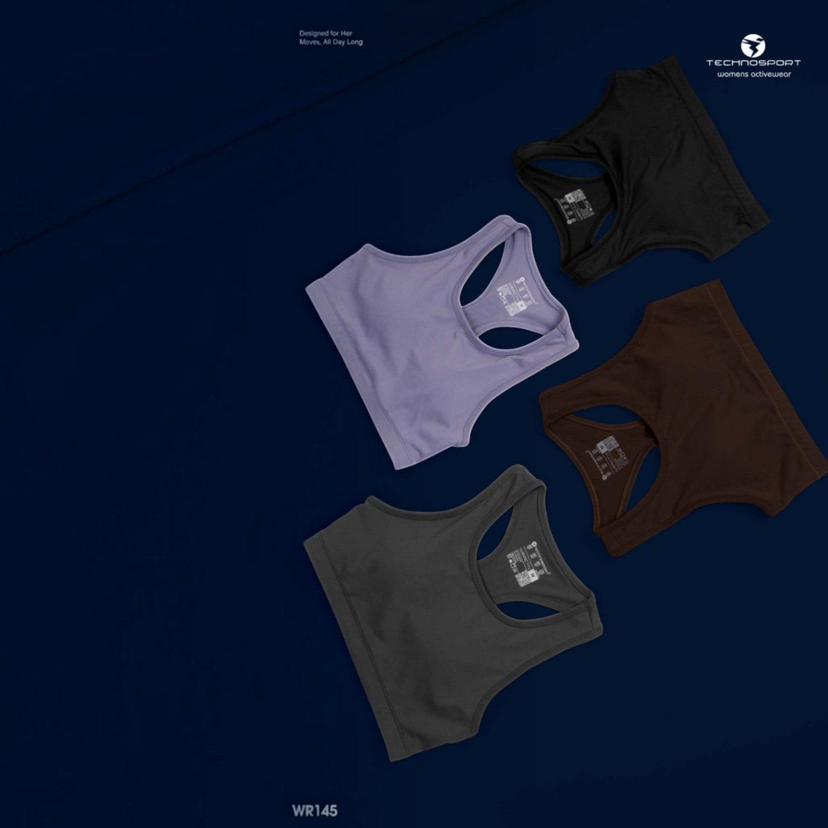 City Center Technosport Elastoplus racer back sports bras in black, purple, brown, and grey on a dark blue background.