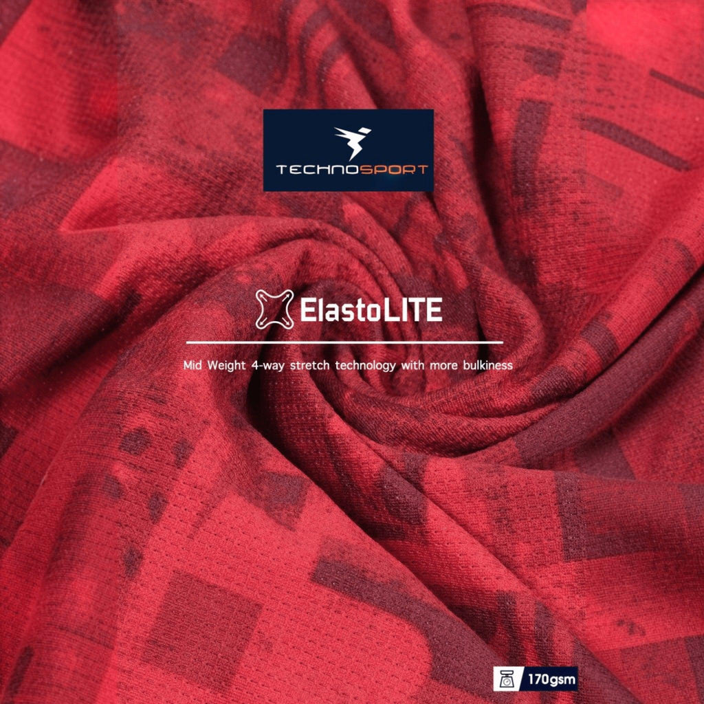 City Center Technosport ElastoLITE red fabric with geometric print and 4-way stretch performance technology