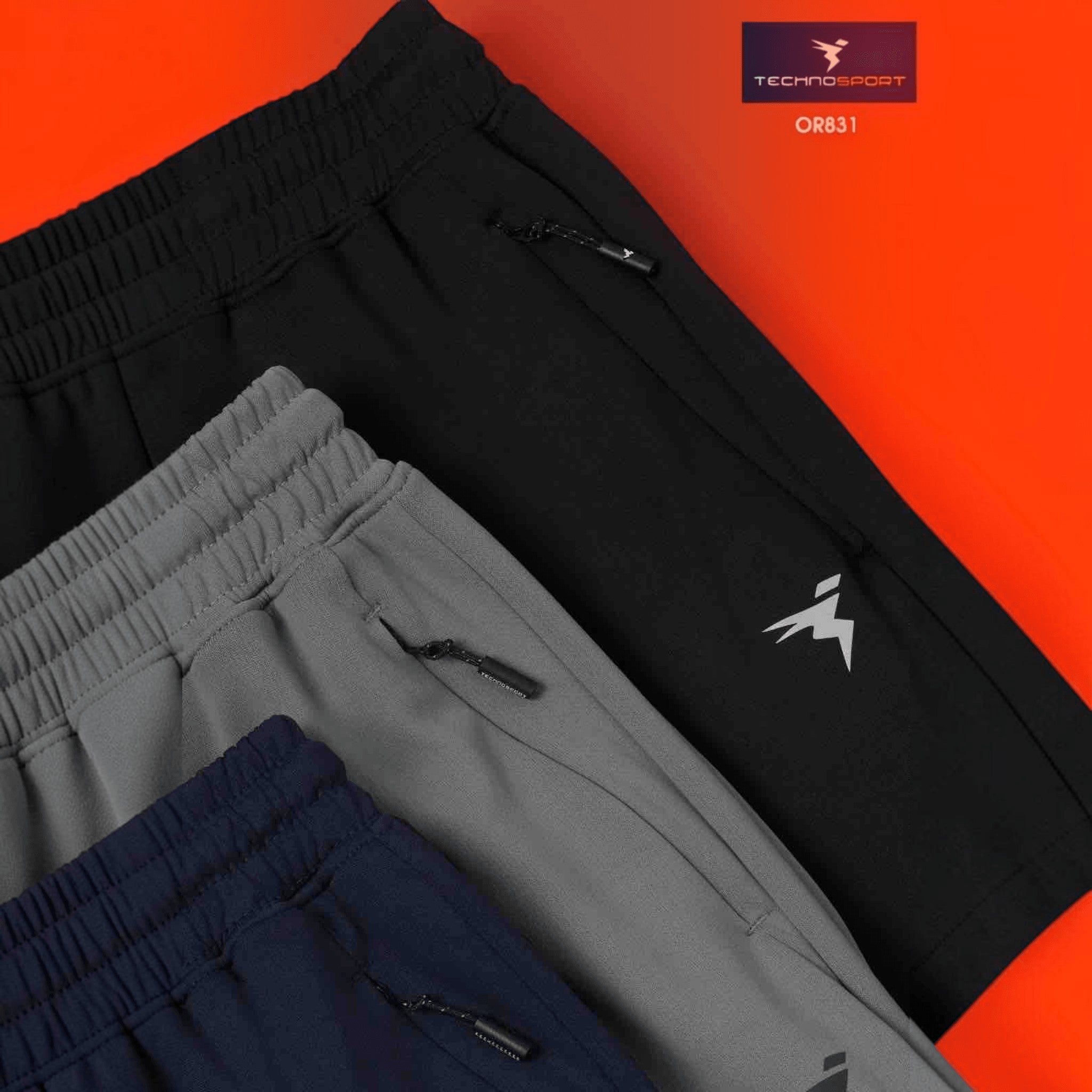 City Center Technosport slim fit track pants in black, grey, and navy with moisture-wicking fabric and zippered pockets.