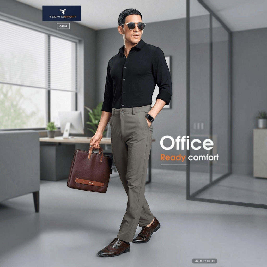 City Center Technosport DuraCool+ formal pants in smokey olive, worn by a man in a black shirt and brown shoes.