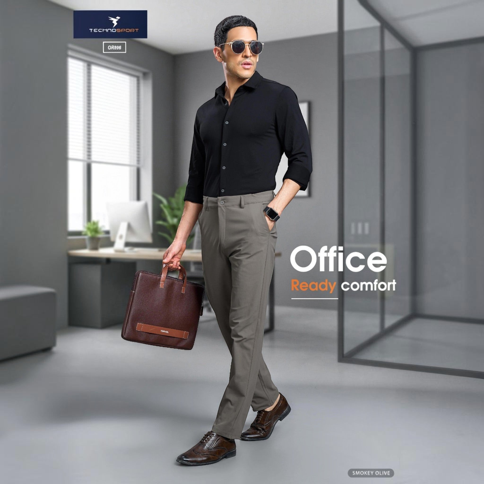City Center Technosport DuraCool+ men's slim fit stretch trousers in smokey olive, worn by a man in an office setting.