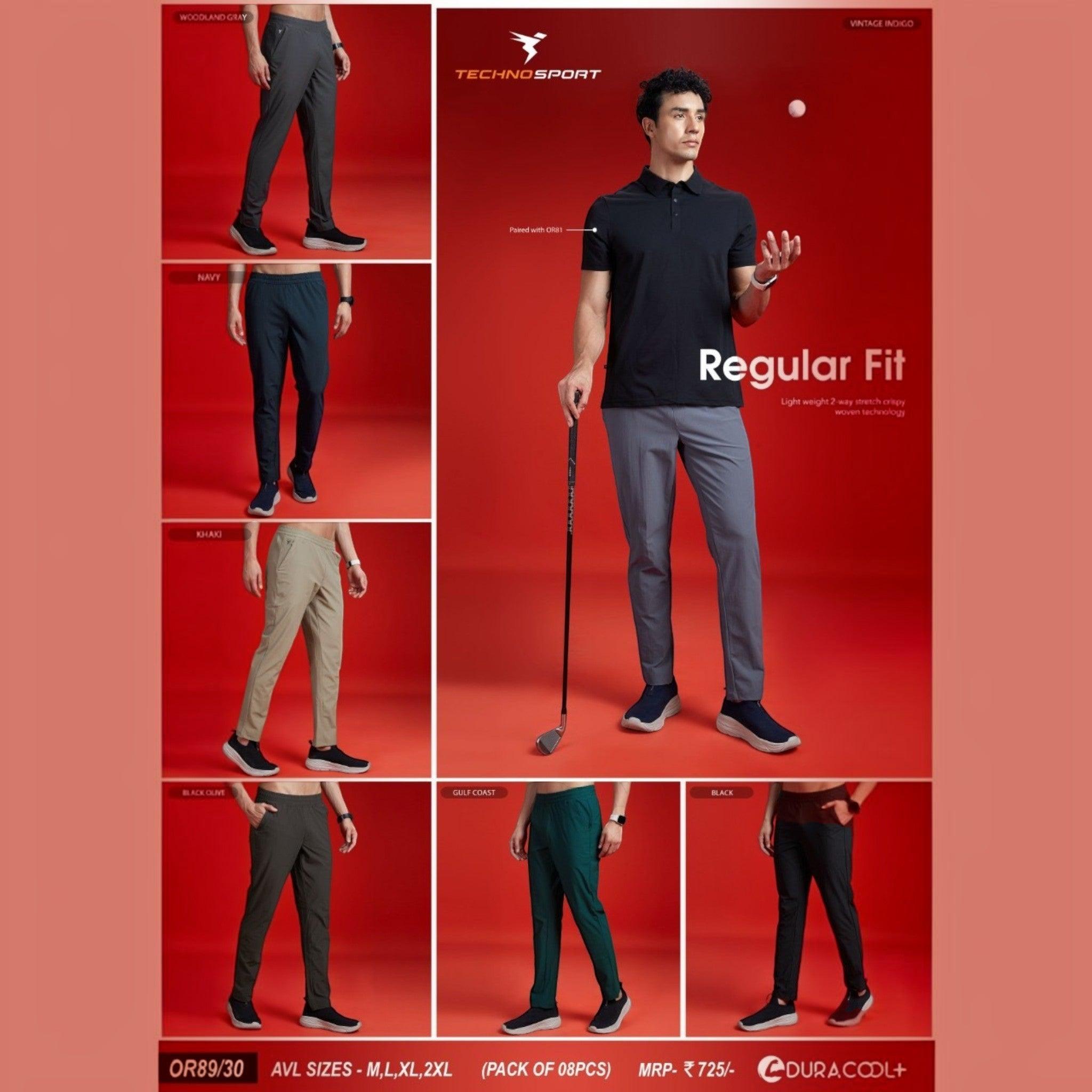 City Center Technosport DuraCool+ solid 4-way stretch track pants in various colors worn by a male model
