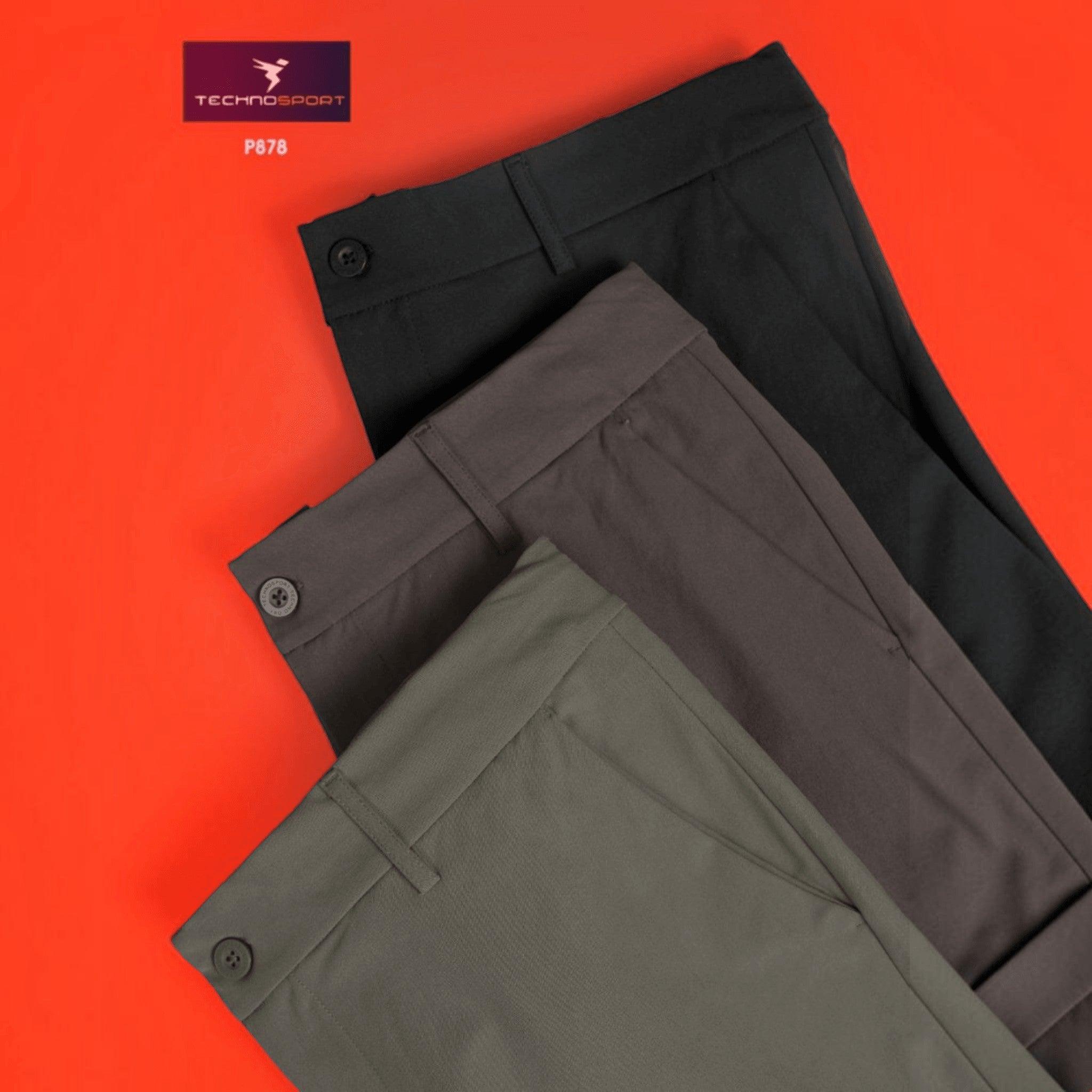 City Center Technosport Duracool+ solid 4-way stretch casual trousers in black, brown, and olive green.