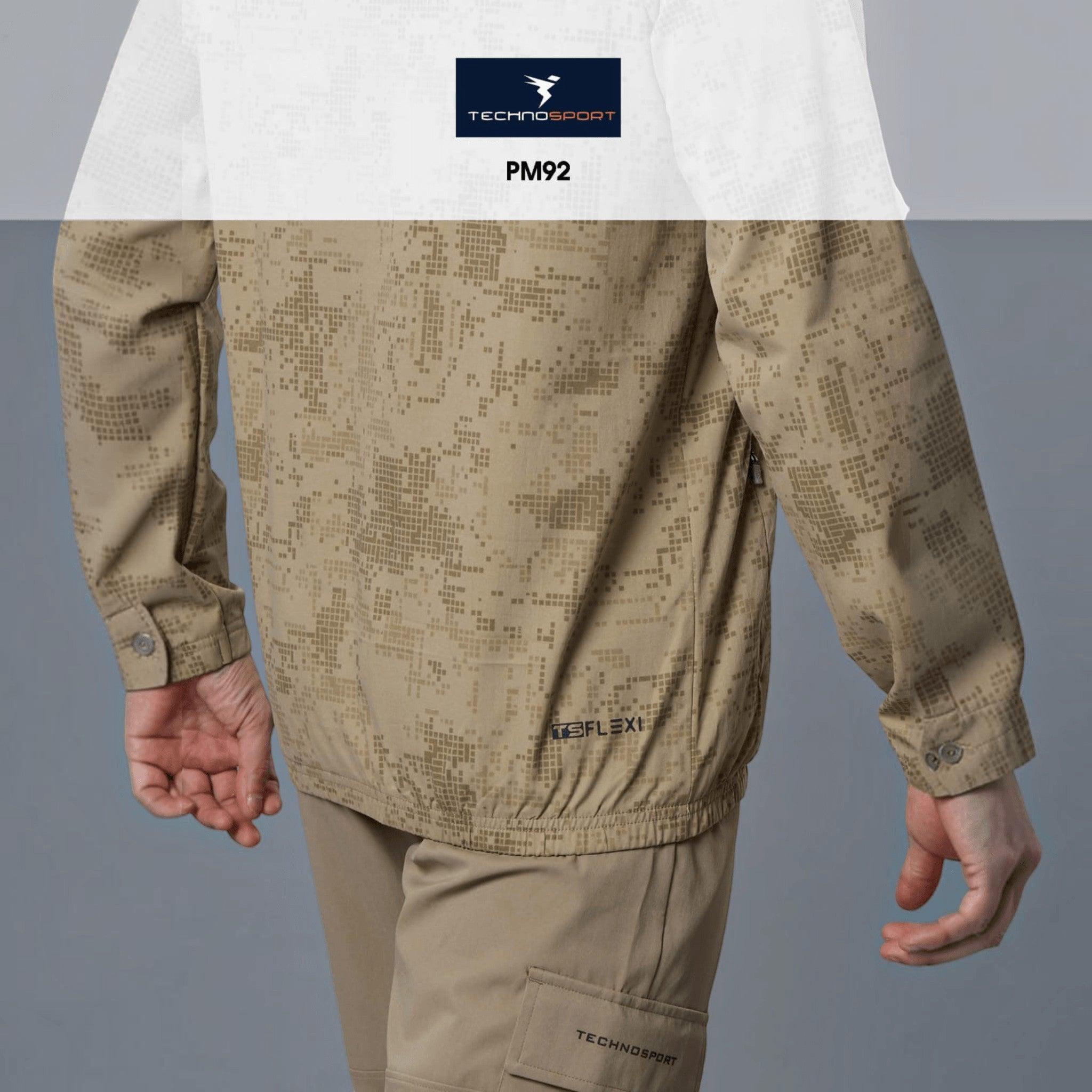 City Center Technosport men's tan camouflage print hi-neck stretch jacket with full sleeves and zipper closure.