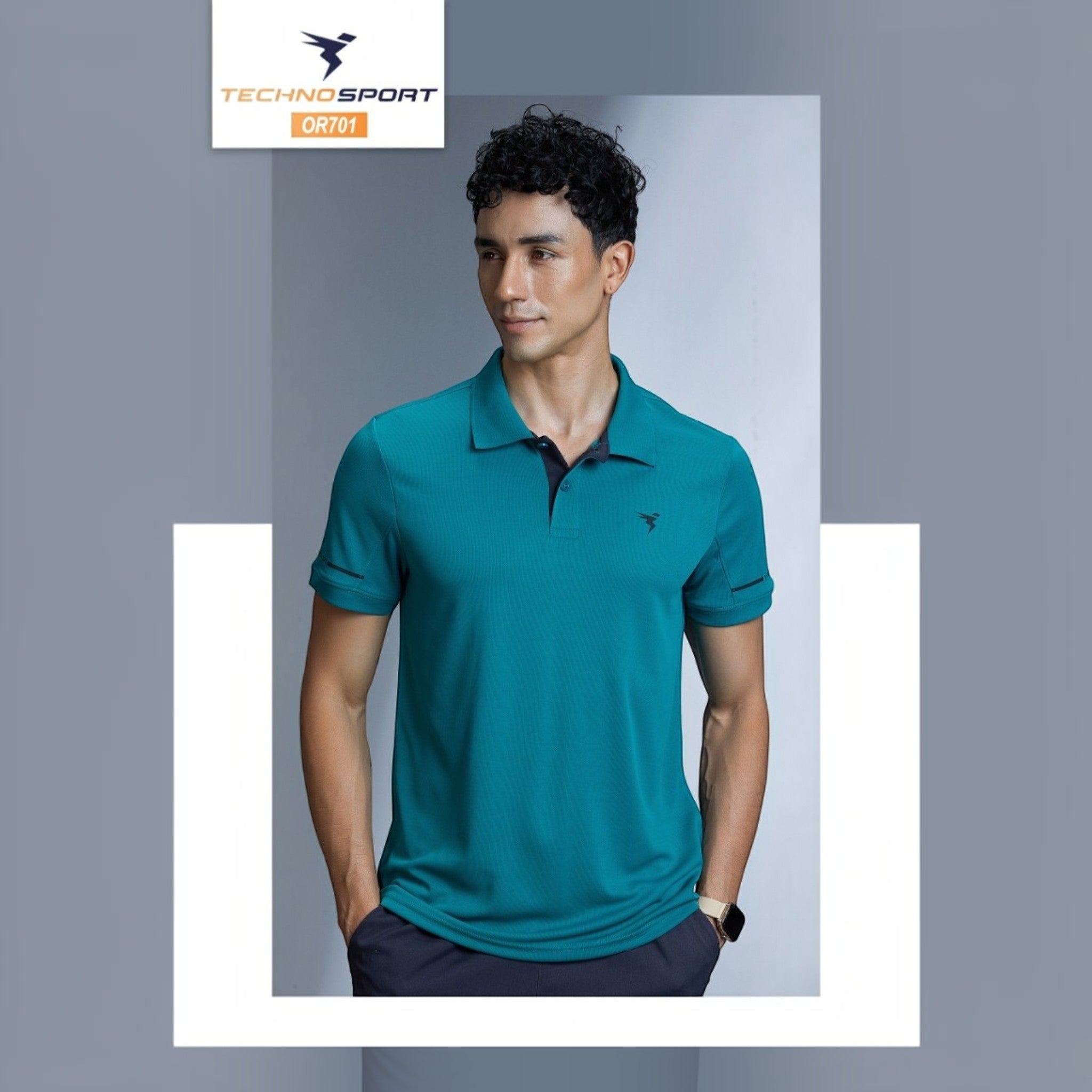 City Center OR701 Technosport men's teal performance polo shirt with moisture-wicking fabric on a male model