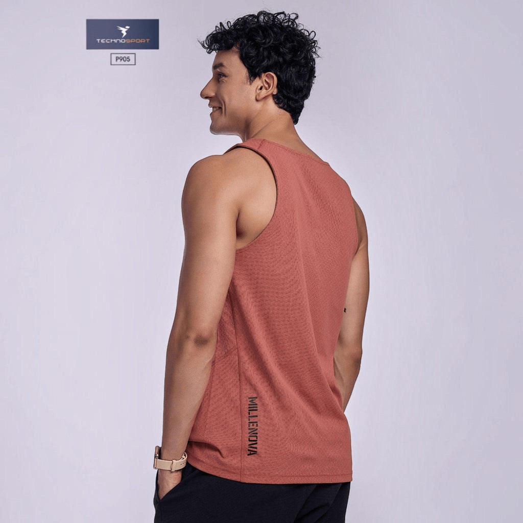 City Center TECHNOSPORT Millenova sleeveless athletic tank top in terracotta red worn by a man from a side view