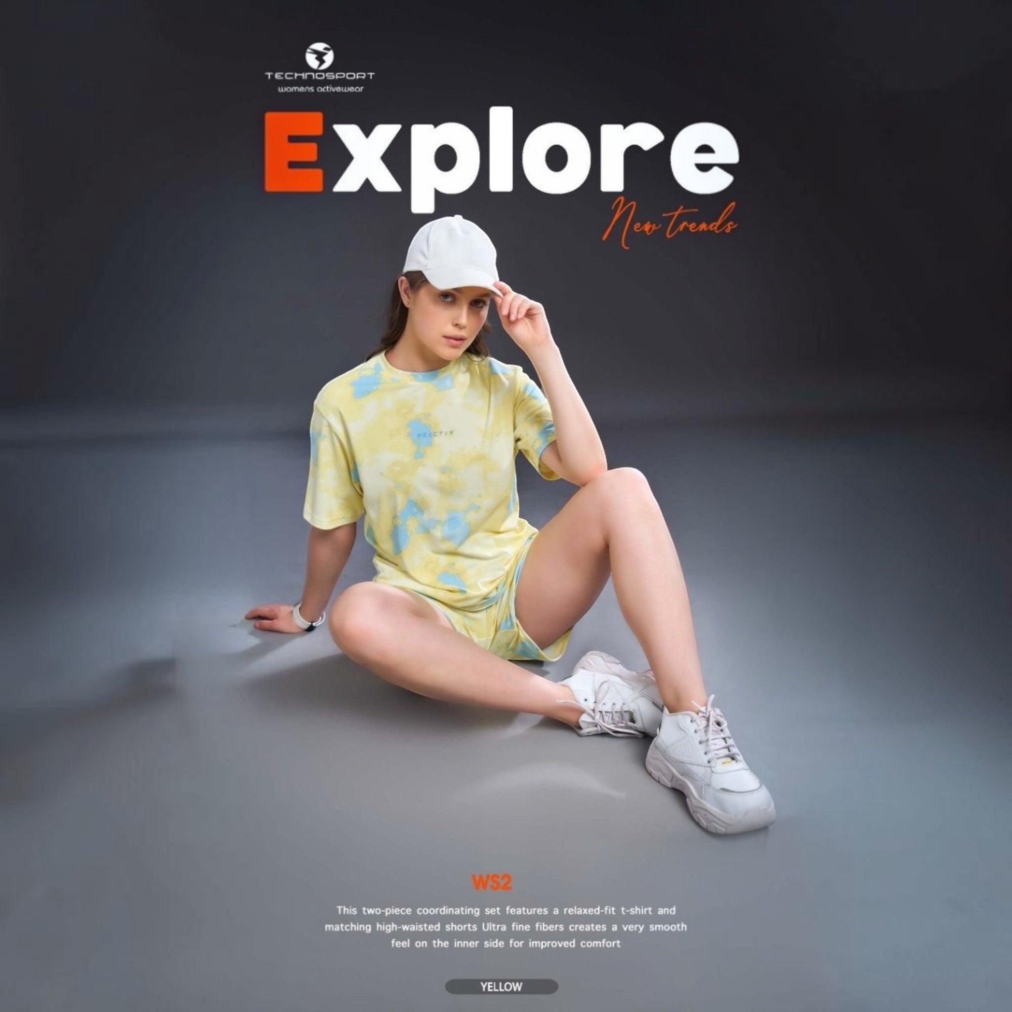 City Center Technosport women's yellow and blue tie-dye activewear set with a relaxed t-shirt and matching shorts.