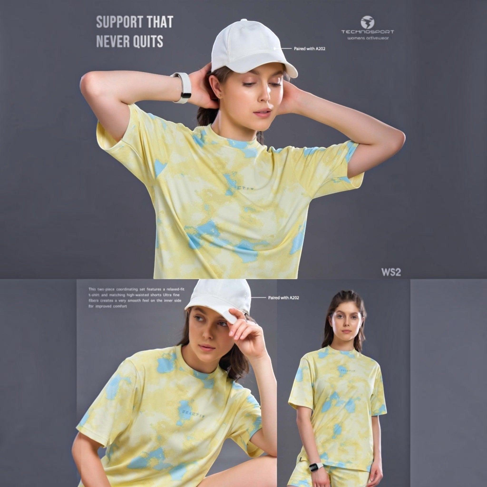 City Center Technosport womens yellow and blue tie-dye activewear short set with moisture-wicking fabric