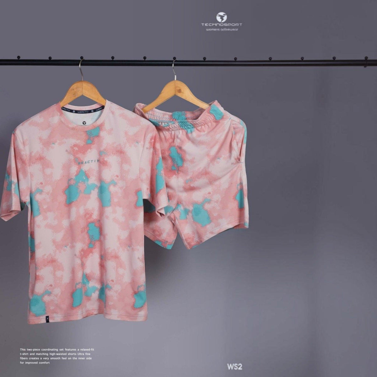 City Center Technosport womens activewear set with a pink and teal tie-dye print, featuring a t-shirt and shorts.