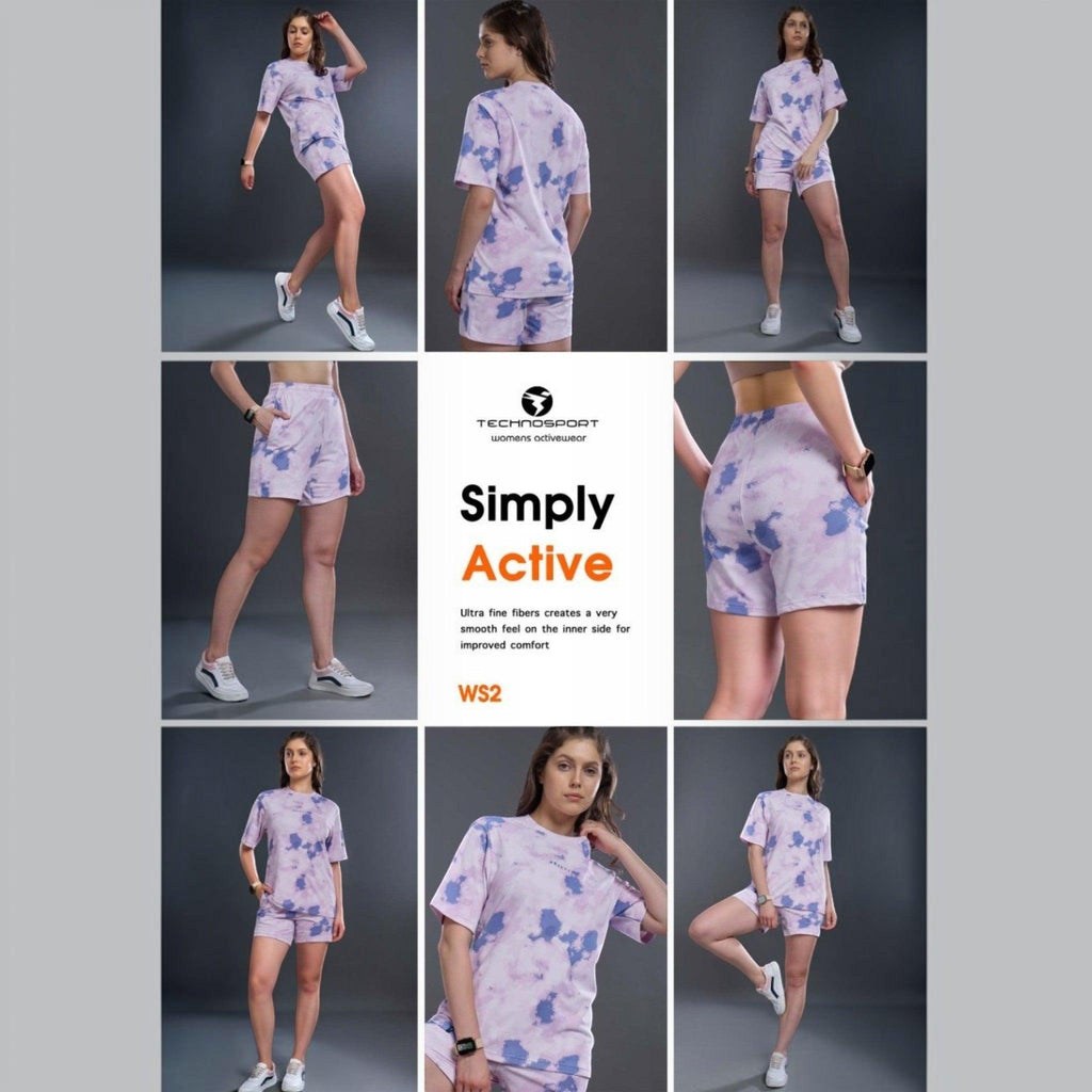 City Center Technosport womens activewear tie dye short set featuring moisture-wicking fabric and a relaxed fit.