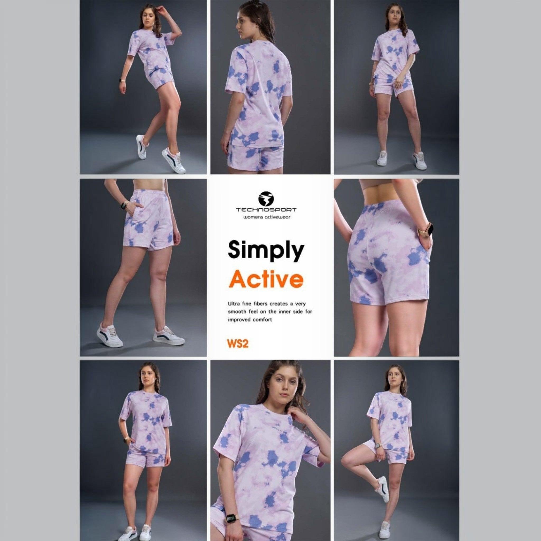 City Center Technosport womens activewear tie dye short set featuring moisture-wicking fabric and a relaxed fit.