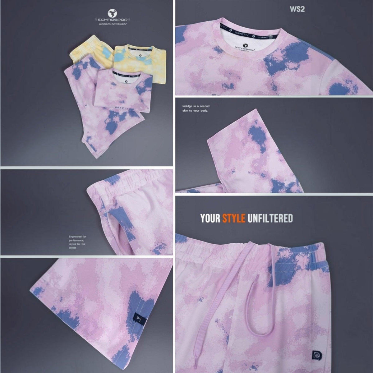 City Center Technosport womens activewear tie-dye short set in pink and blue moisture-wicking fabric