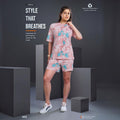 City Center Technosport women's pink and blue tie-dye activewear short set with moisture-wicking fabric