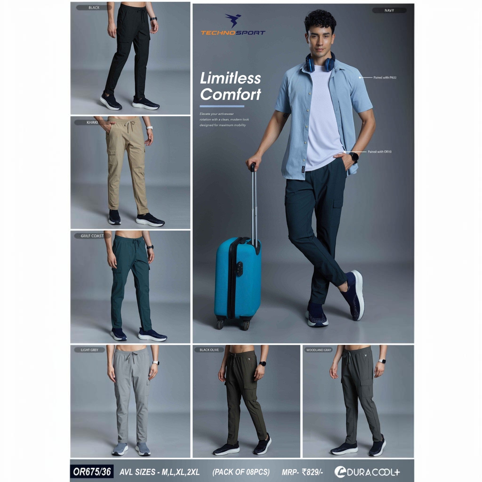 City Center Technosport OR675 track pants in various colors featuring a tapered fit, elastic waistband, and pockets.