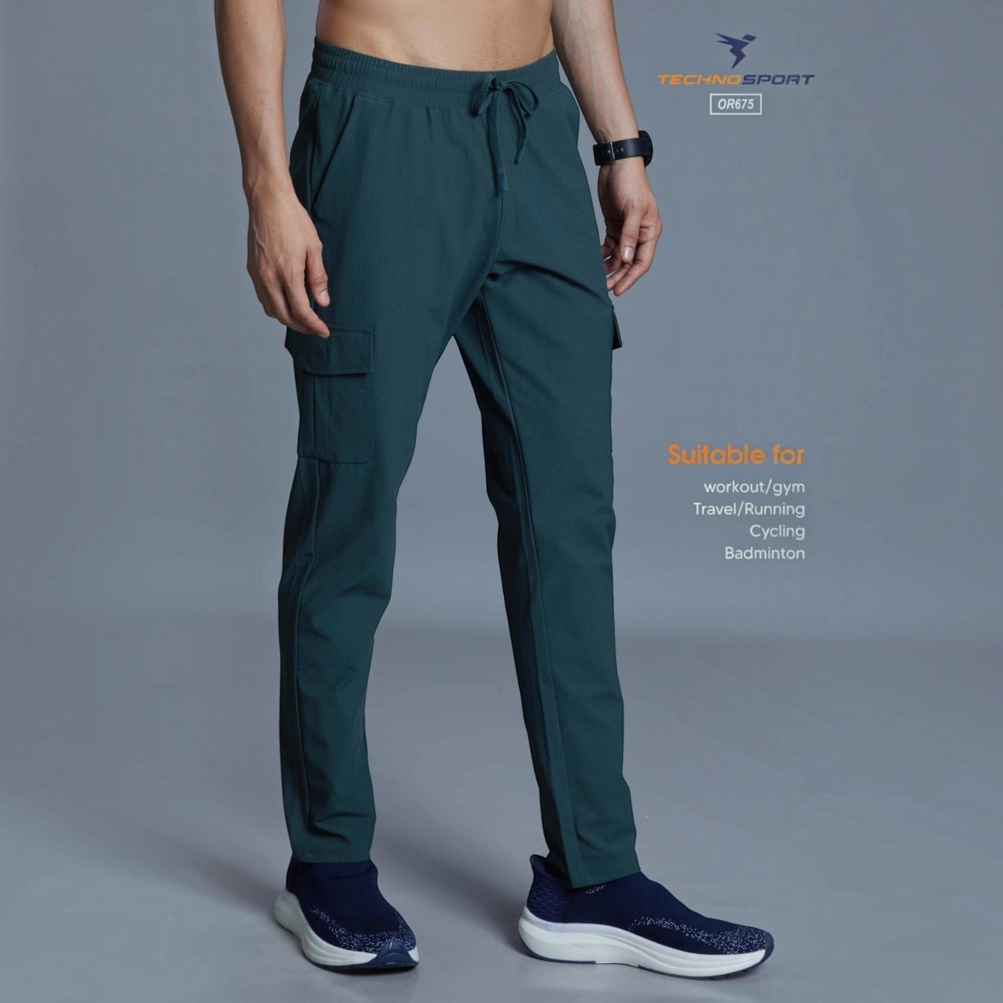 City Center Technosport OR675 dark green tapered track pants with side cargo pockets and an elastic drawstring waist.