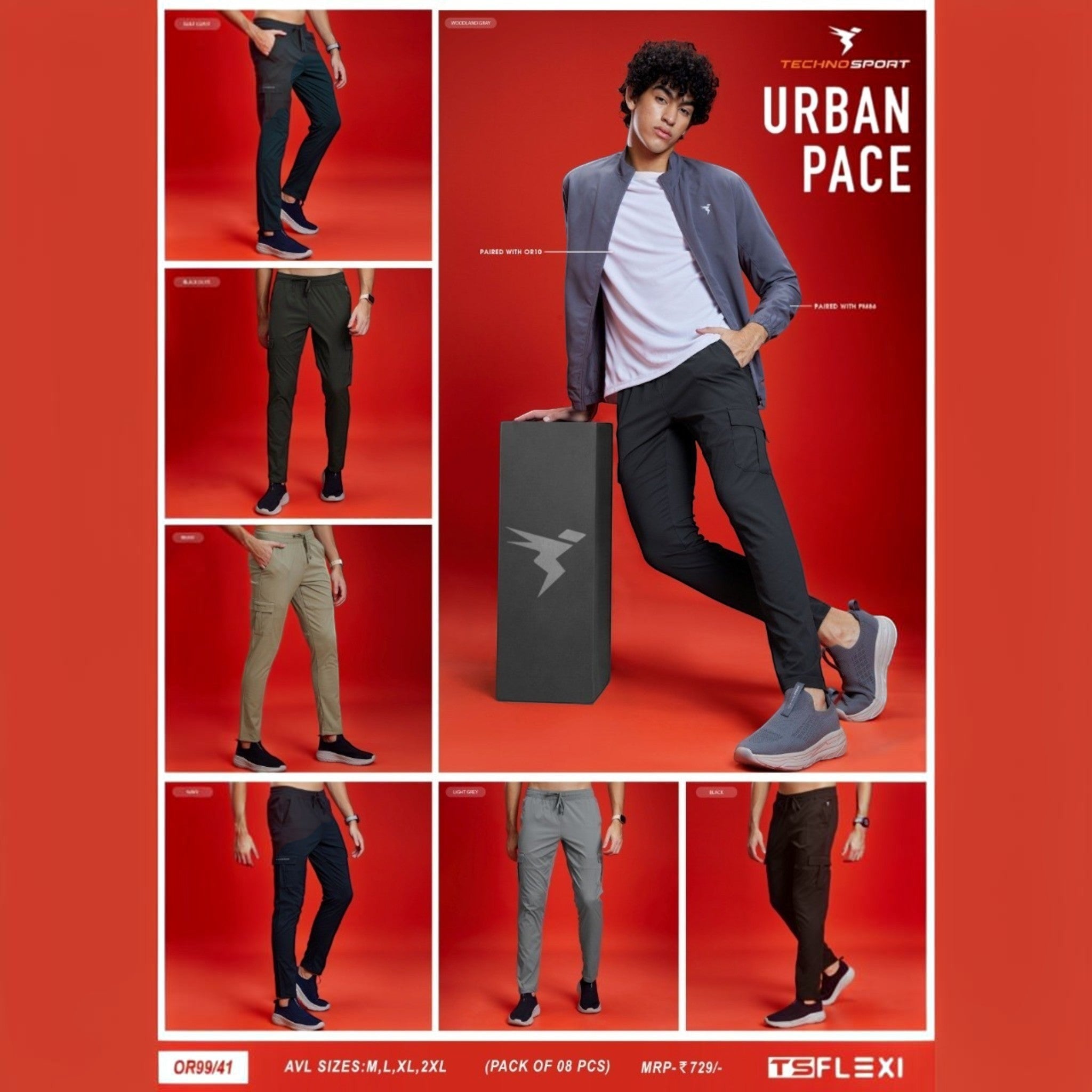 City Center Technosport TS Flexi solid woven cargo pants in various colors worn by a model on a red background