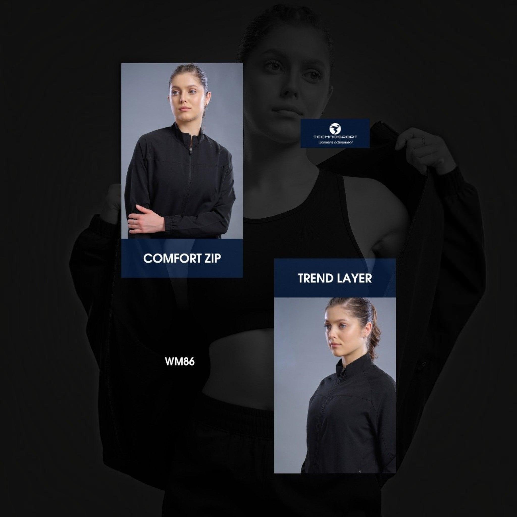 City Center Technosport WM86 black zip-up athletic jacket worn by a model for activewear performance