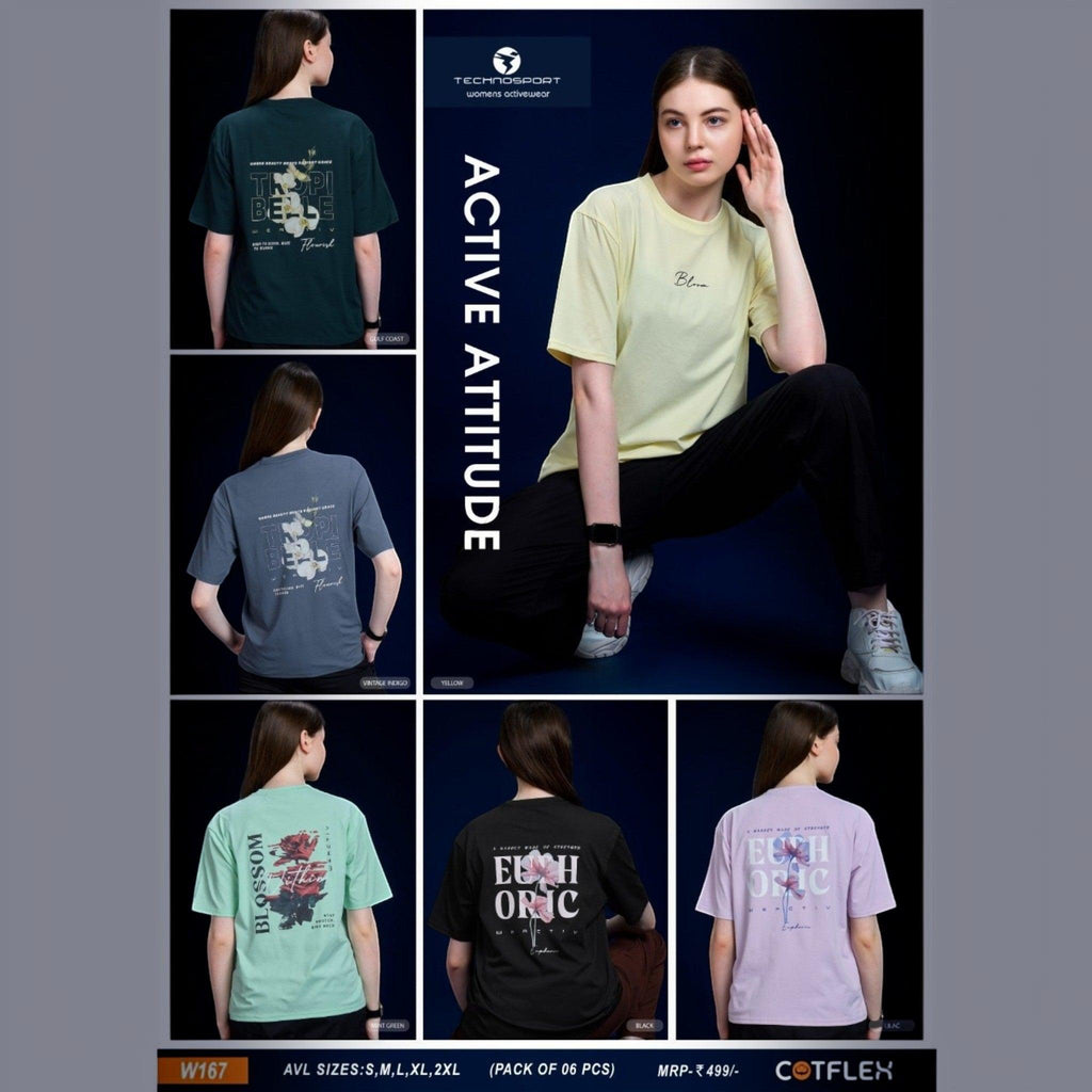 City Center Technosport women's graphic crew neck t-shirts in various colors with artistic back prints