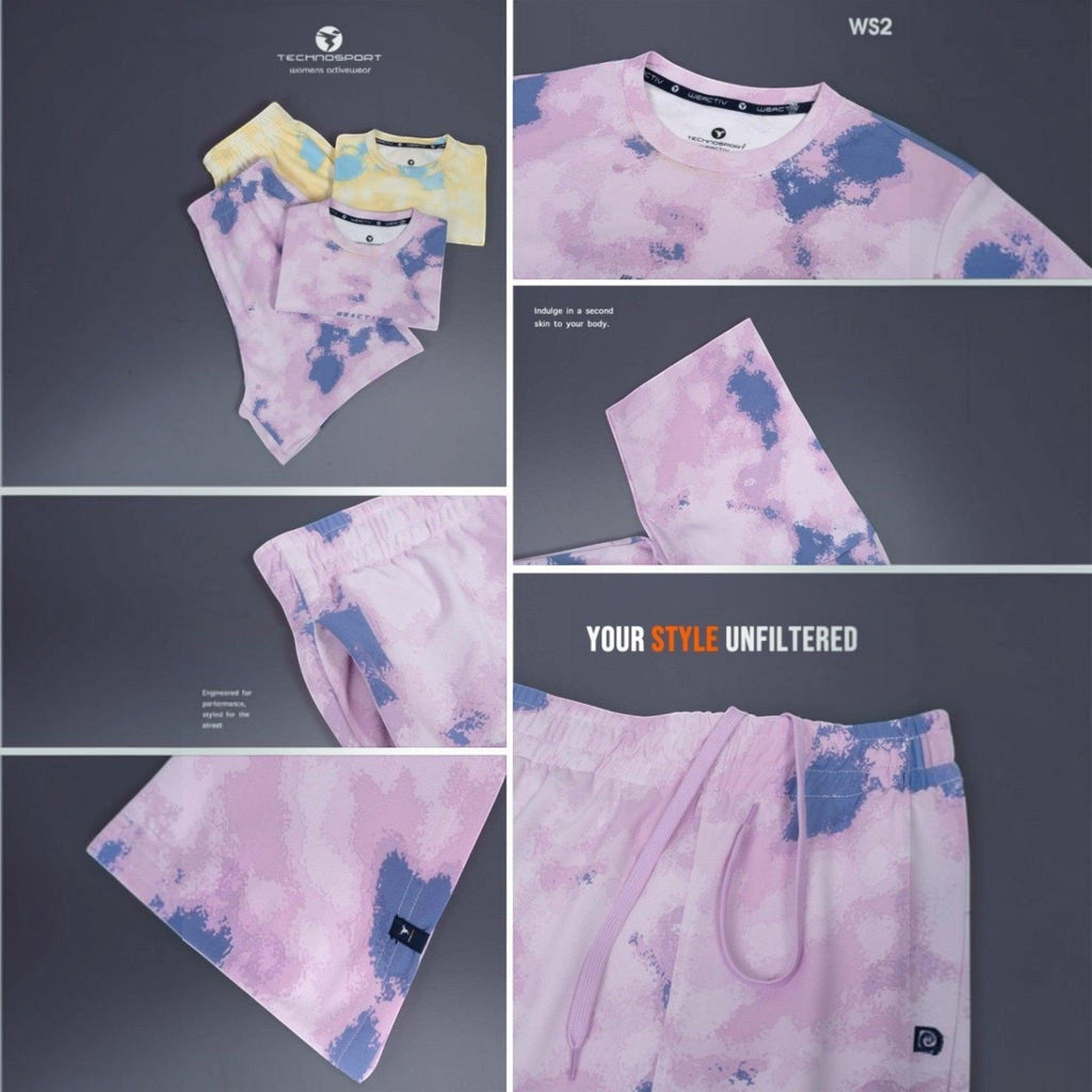 City Center Technosport women's activewear tie-dye short set in pink, blue, and yellow moisture-wicking fabric.