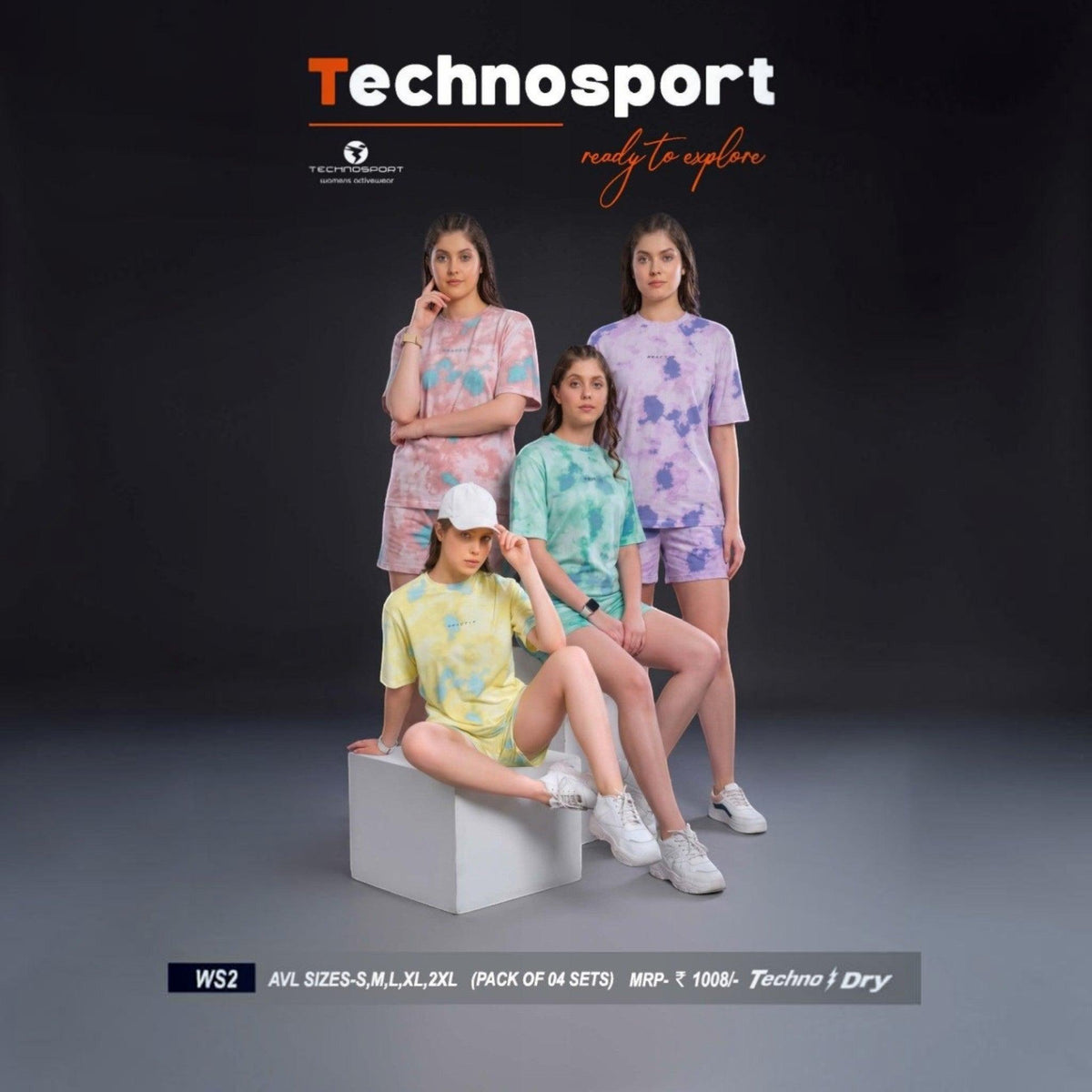 City Center Technosport women's activewear tie-dye short sets in pastel colors worn by models in a studio setting.