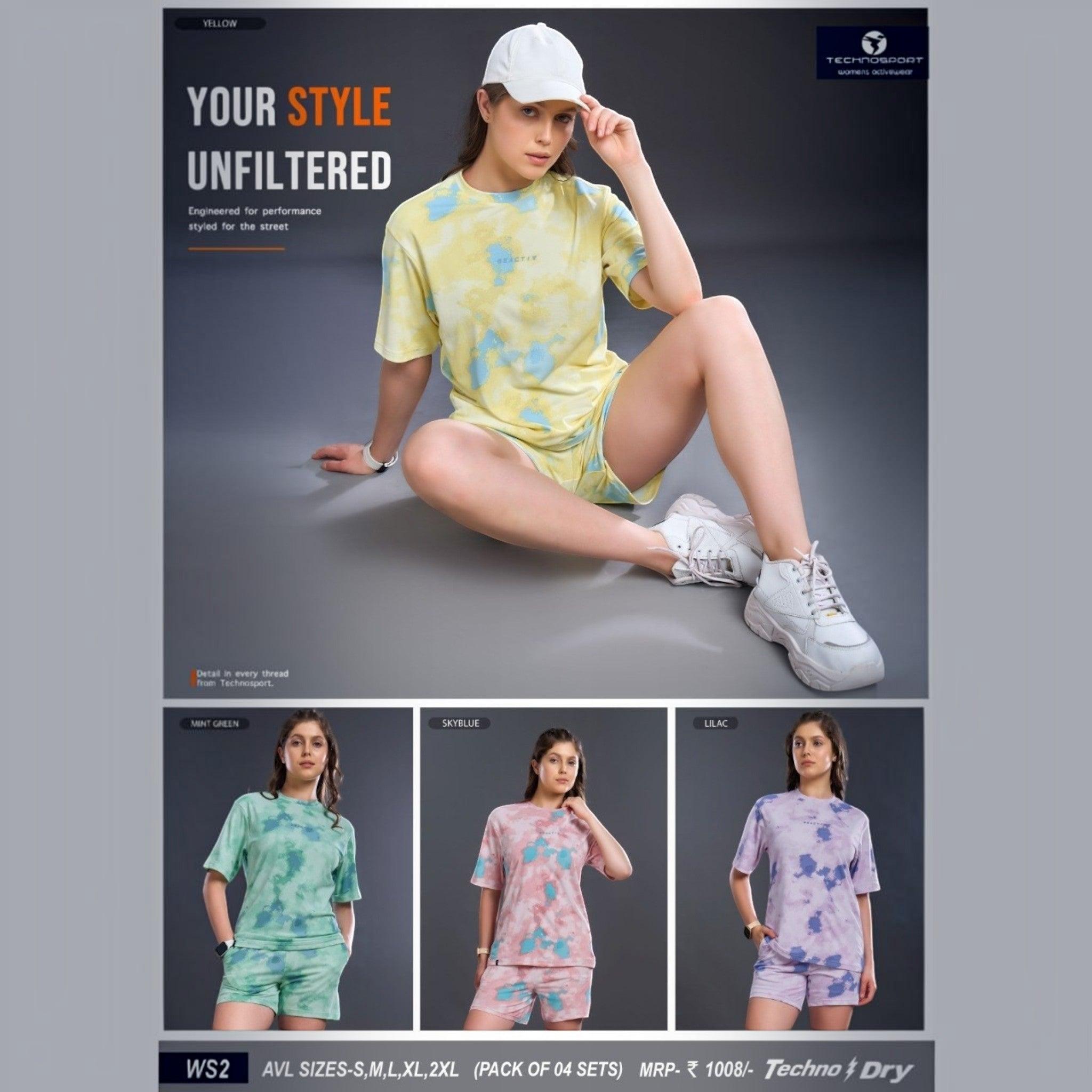 City Center Technosport womens activewear tie dye short set in yellow, mint green, sky blue, and lilac colorways.