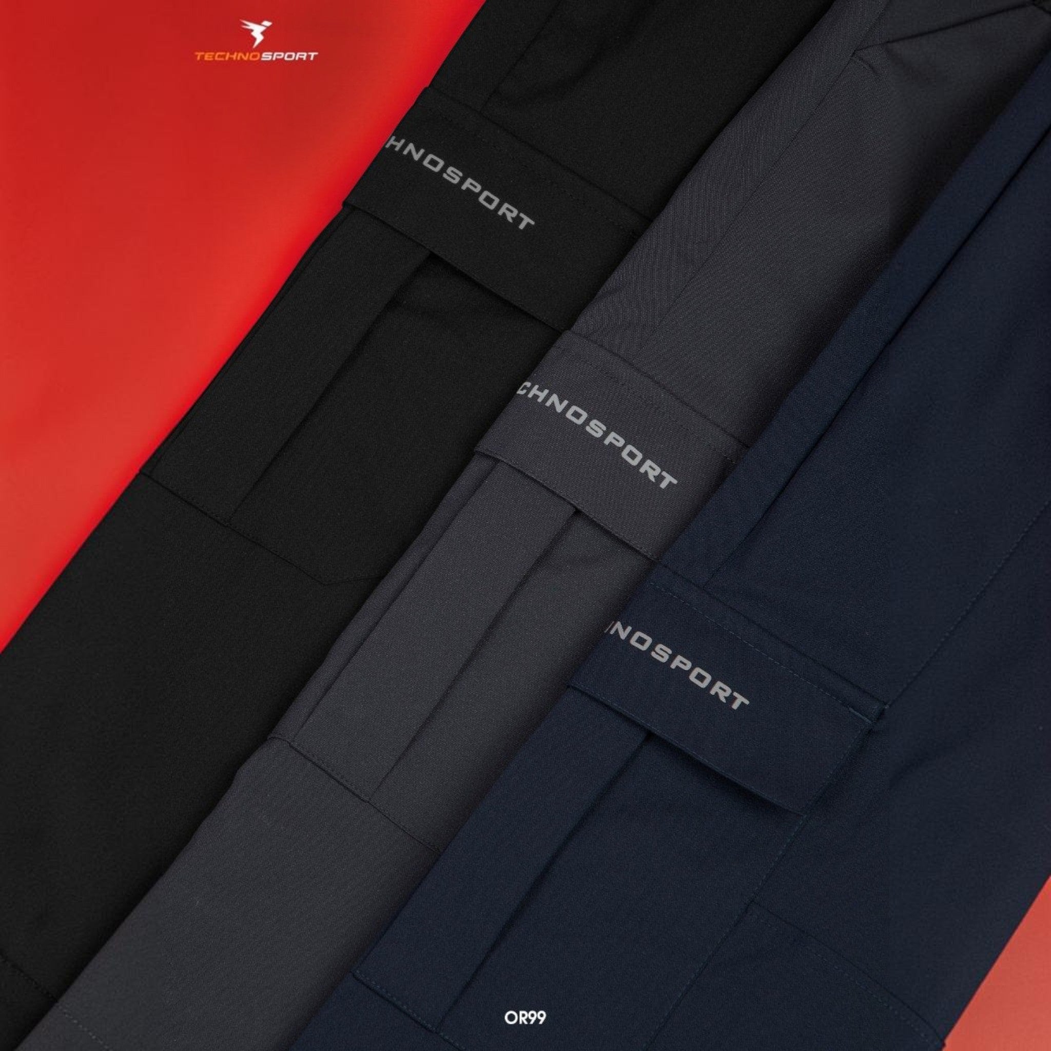 City Center Technosport TS Flexi solid woven cargo pants in black, grey, and navy with side pocket branding.