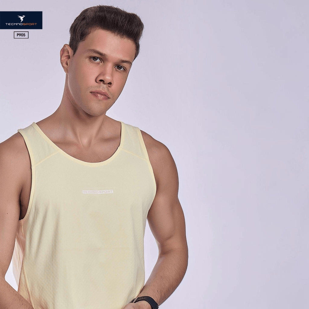 City Center TECHNOSPORT Millenova sleeveless athletic tank top in light yellow, worn by a male model.