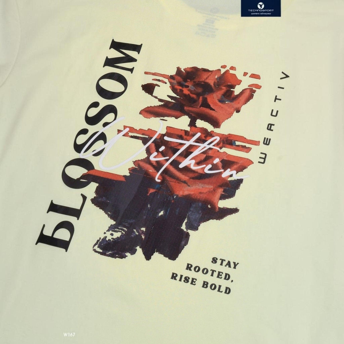 City Center Technosport women's pale yellow crew neck t-shirt featuring a red rose graphic and Blossom Within text