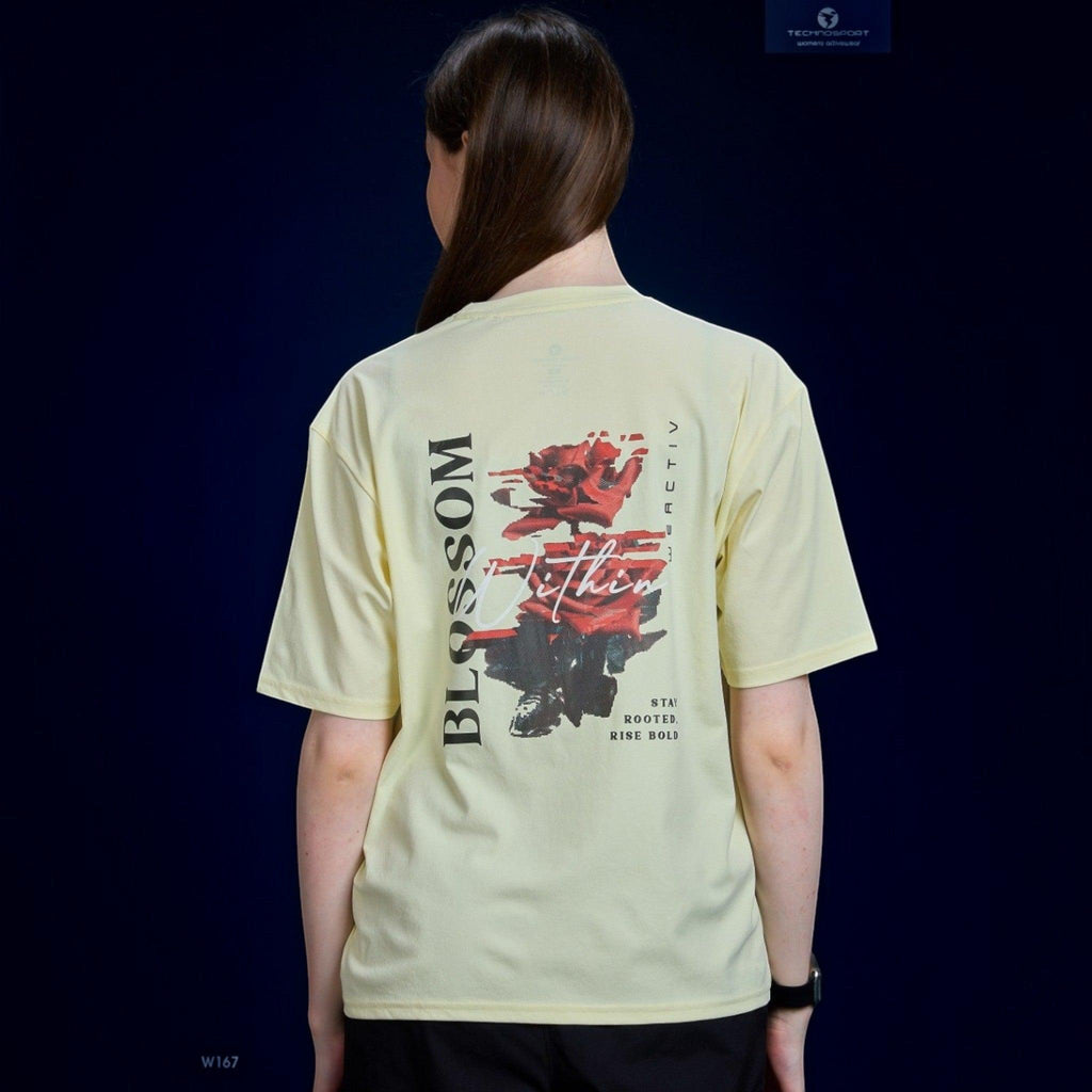 City Center Technosport women's pale yellow crew neck t-shirt with a red rose graphic print on the back