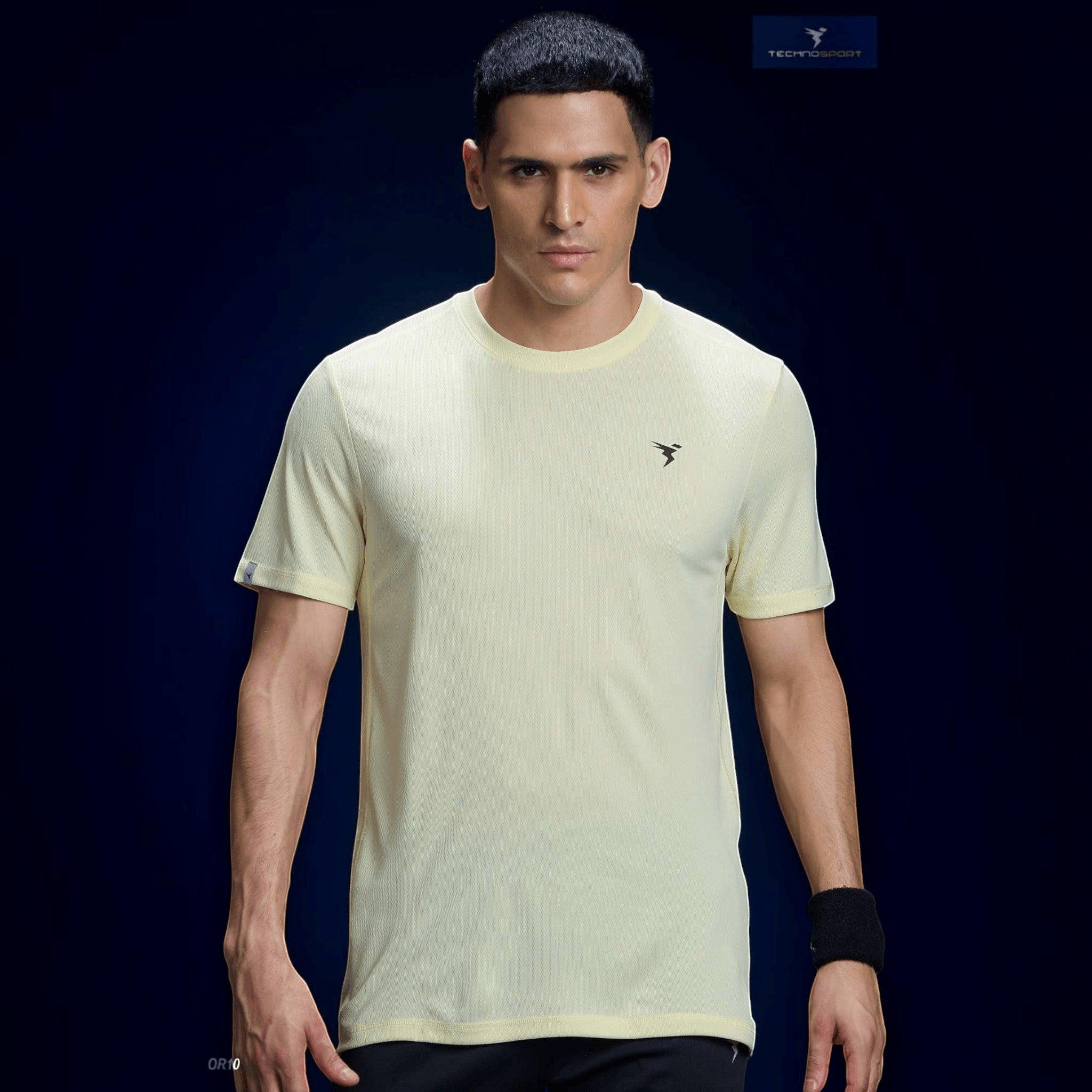 City Center Technosport men's pale yellow slim fit crew neck t-shirt with moisture-wicking TechnoCool+ fabric.