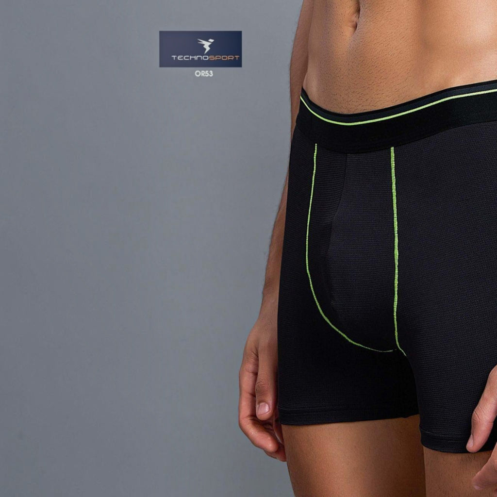 City Center Technosports OR53 black athletic trunk with neon green stitching and breathable mesh fabric on a model