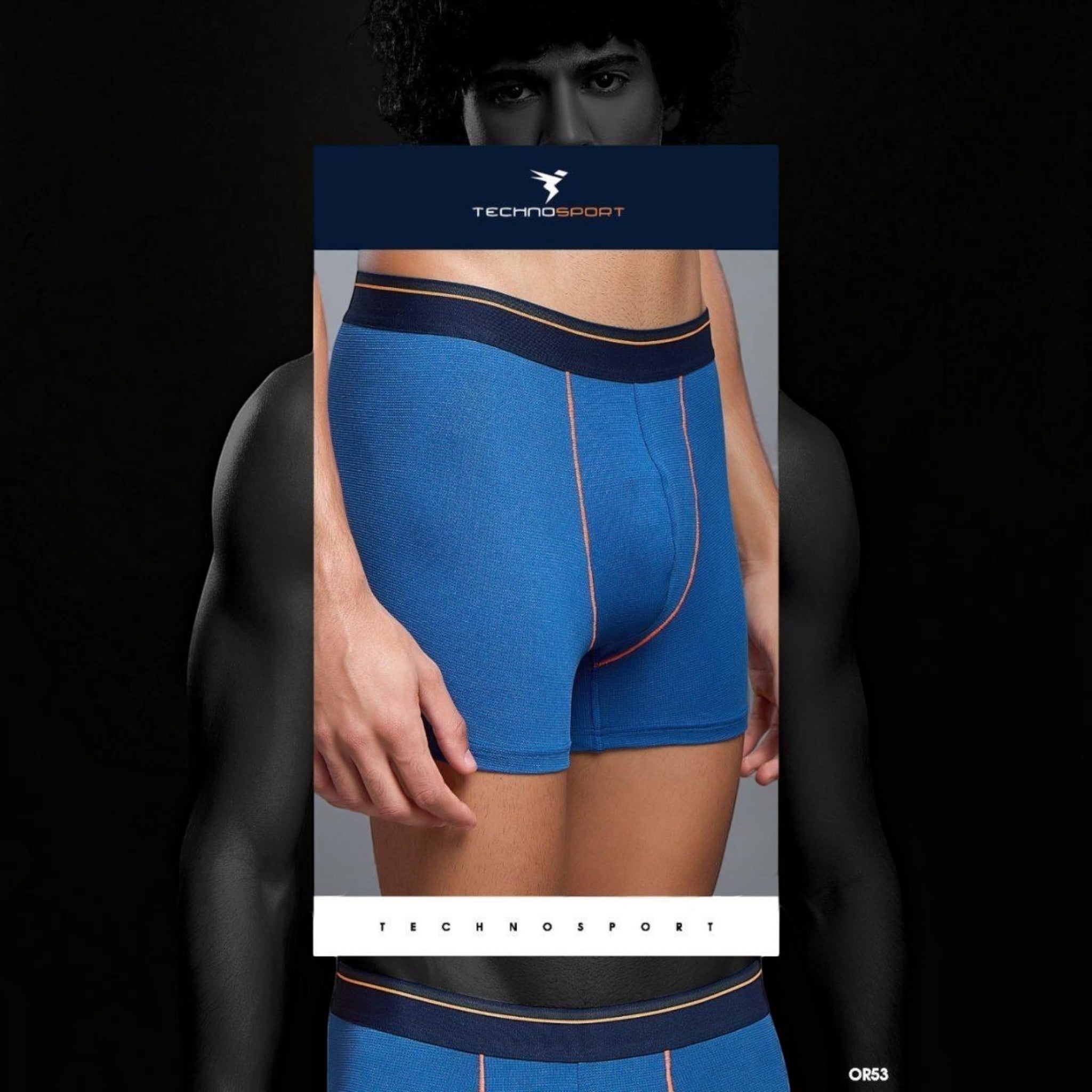 City Center Technosports OR53 blue athletic men's trunk made from breathable 4-way stretch Lycra mesh with orange trim.