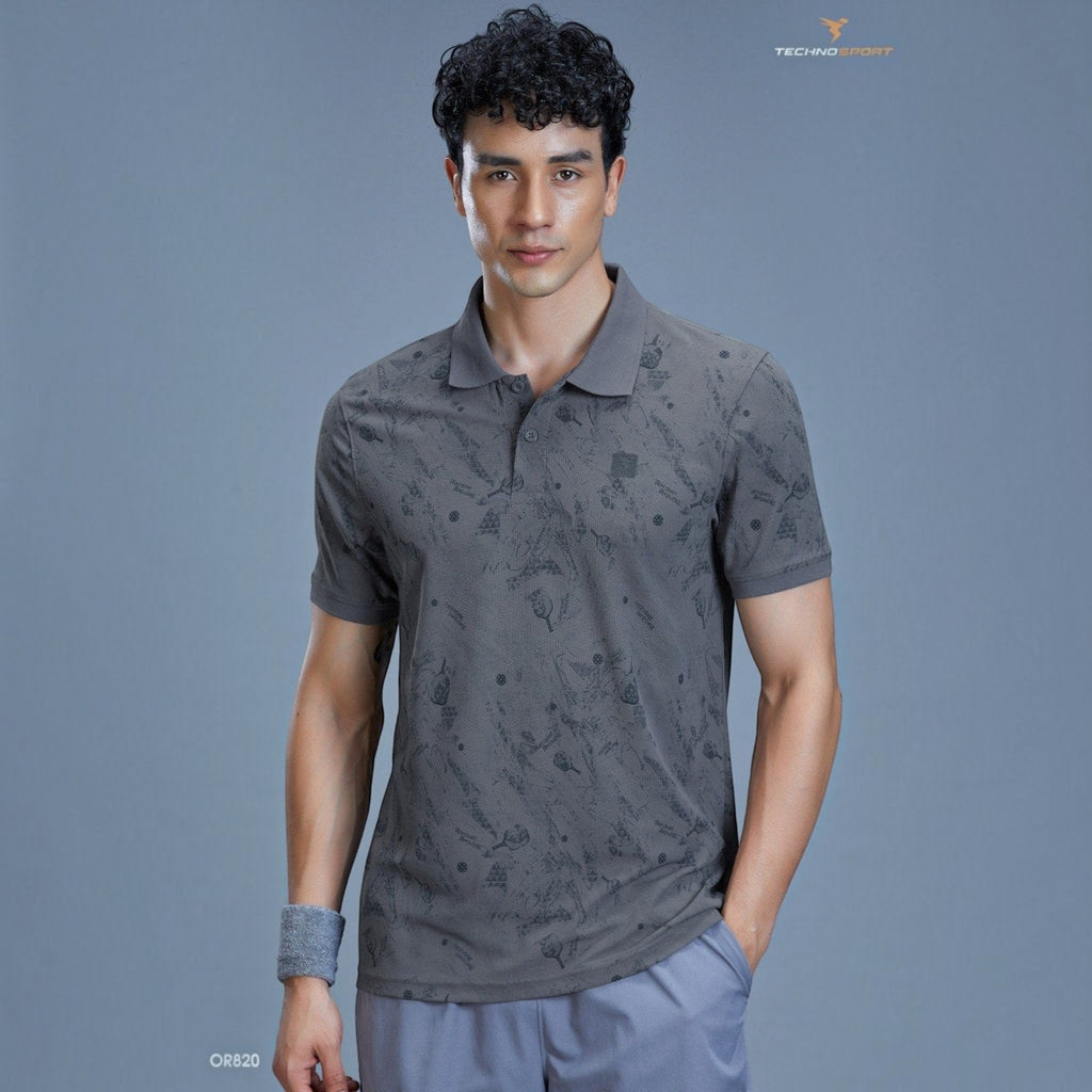 City Center TECHNOSPORTS OR820 grey performance polo shirt with subtle graphic print worn by a male athlete