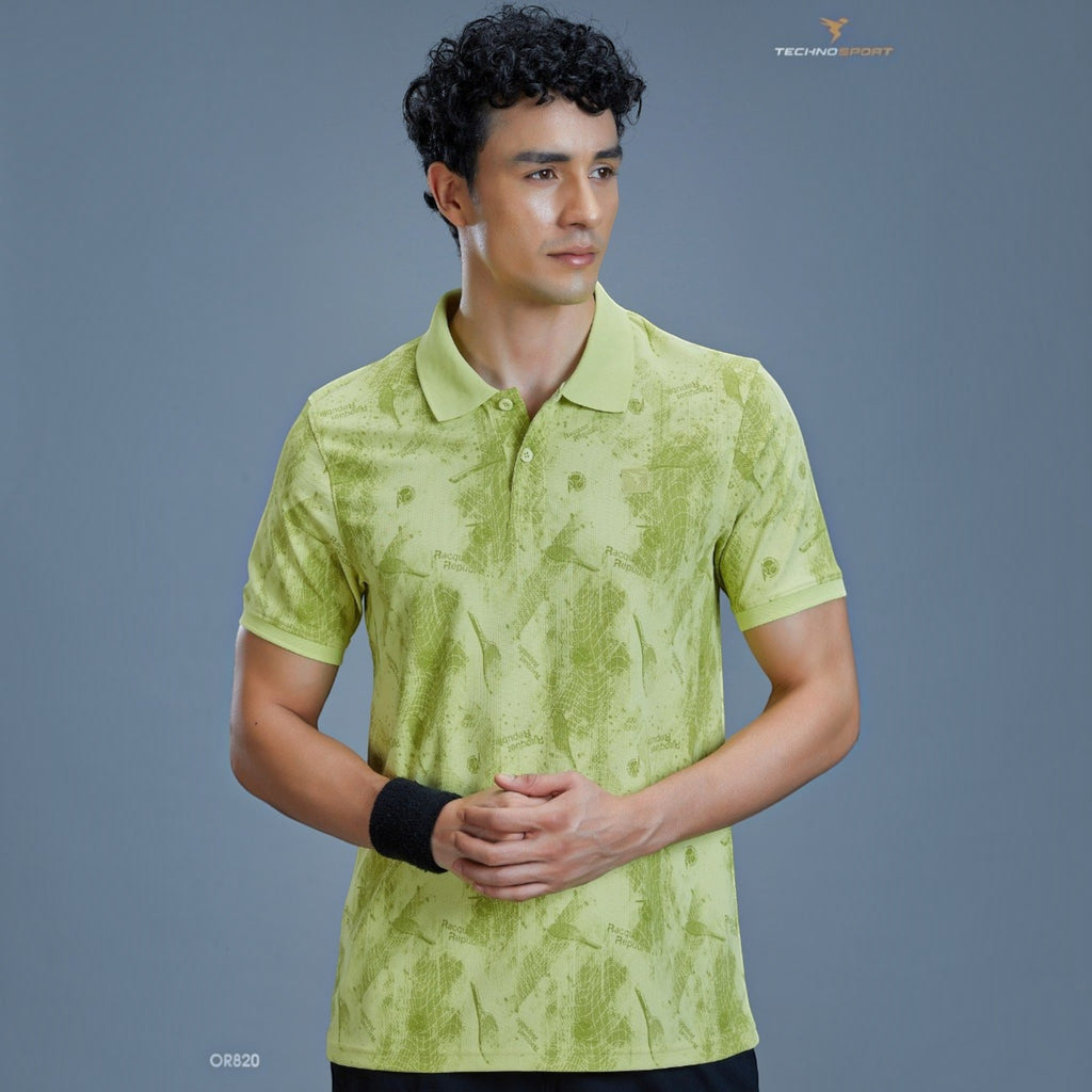 City Center TECHNOSPORTS OR820 lime green performance polo shirt with subtle graphic print on a male model