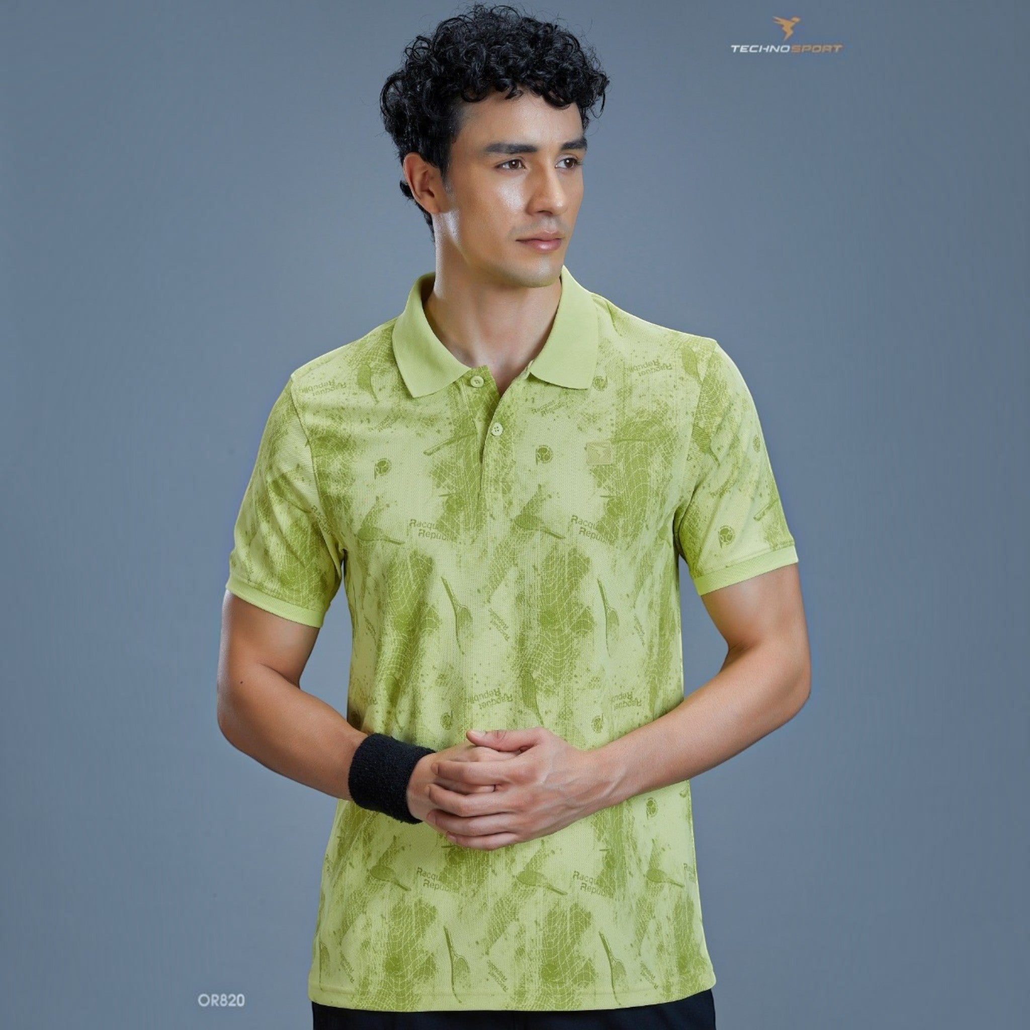 City Center TECHNOSPORTS OR820 lime green performance polo shirt with subtle graphic print on a male model