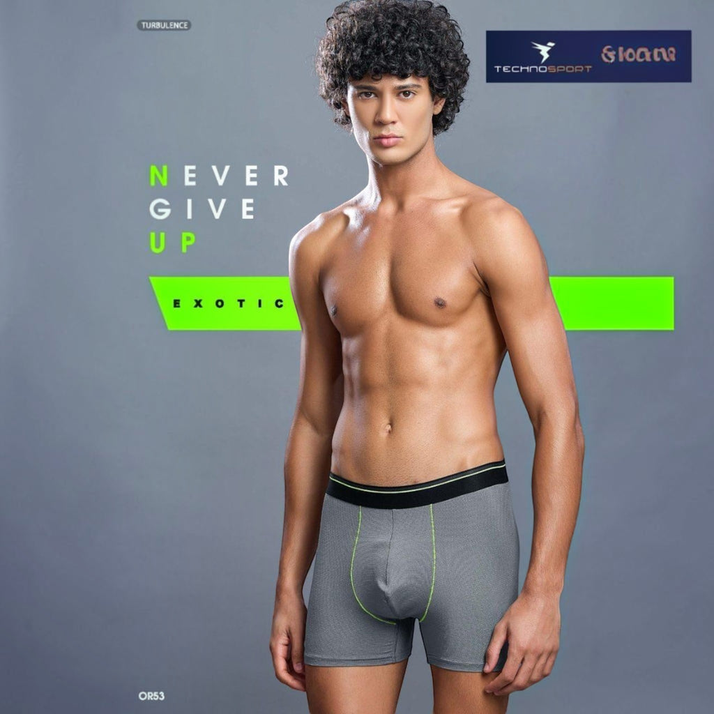 City Center model wearing Technosports OR53 grey athletic mesh trunks with neon green stitching and elastic waistband