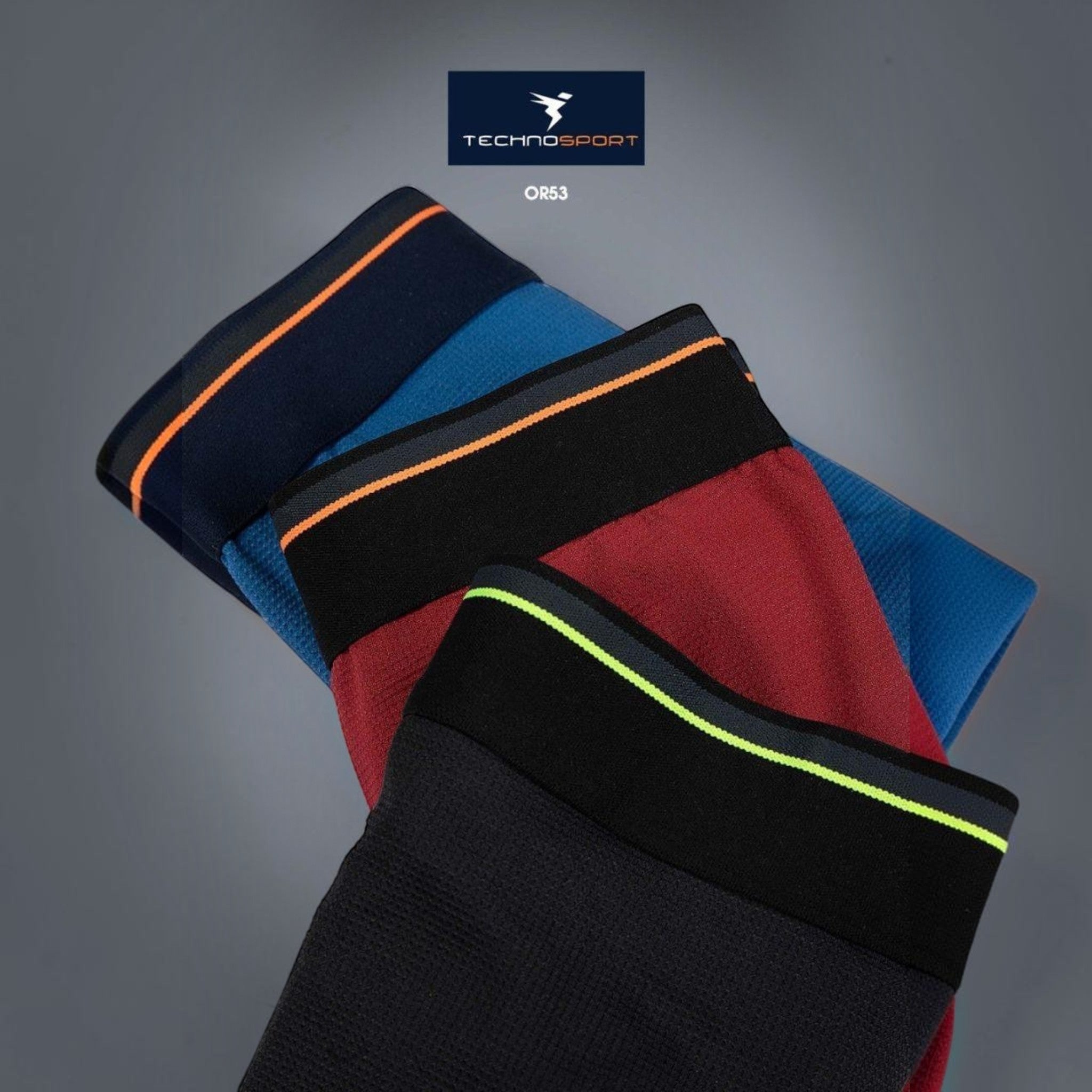 City Center Technosports OR53 men's athletic trunks in black, maroon, and blue mesh fabric with contrast waistbands