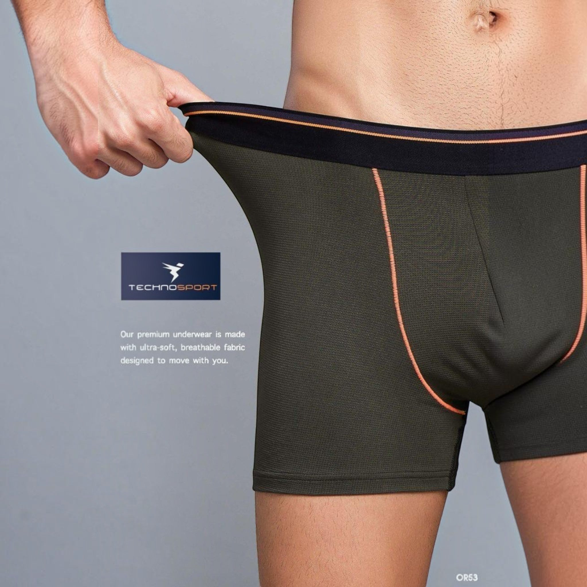 City Center Technosports OR53 olive green men's athletic trunk with 4-way stretch mesh fabric and orange contrast seams.