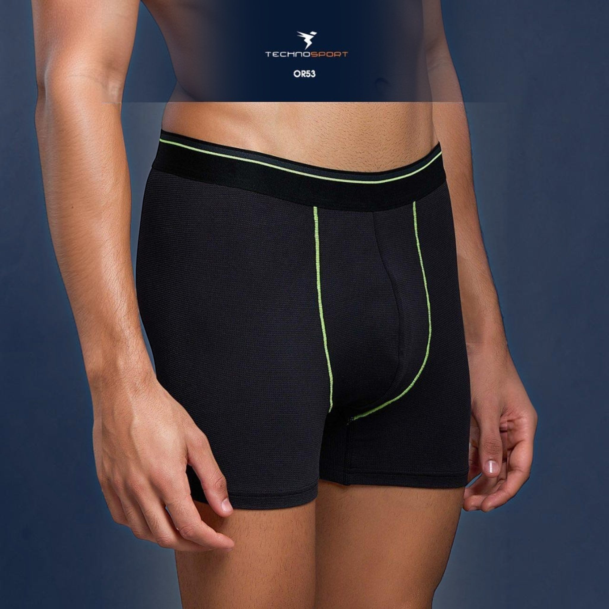 City Center Technosports OR53 men's black athletic trunk in 4-way stretch Lycra mesh with neon green accent stitching.