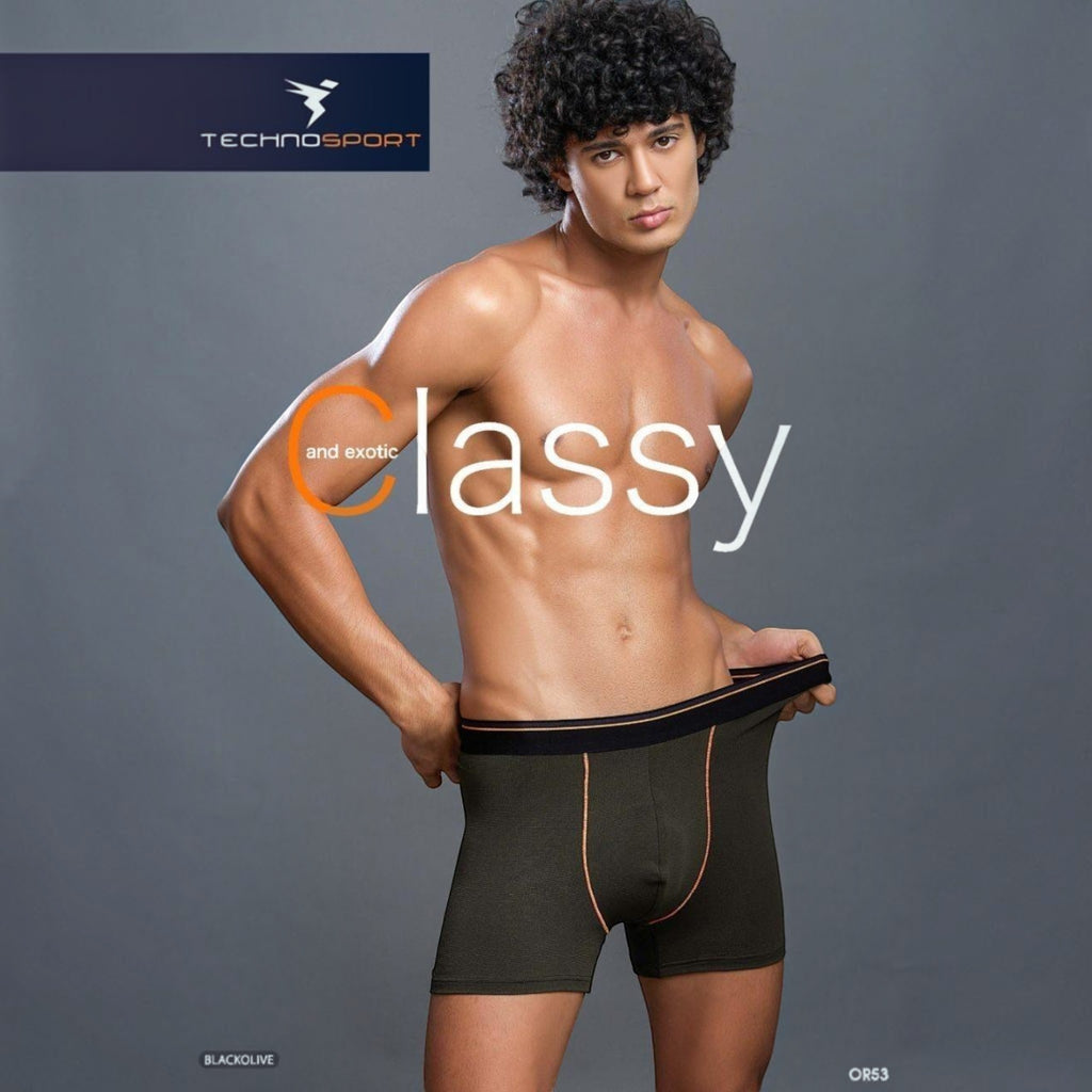 City Center Technosports OR53 men's black olive trunk in 4-way stretch Lycra mesh with a model posing.