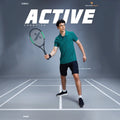 City Center TECHNOSPORTS OR820 teal patterned performance polo shirt worn by a male athlete holding a tennis racket