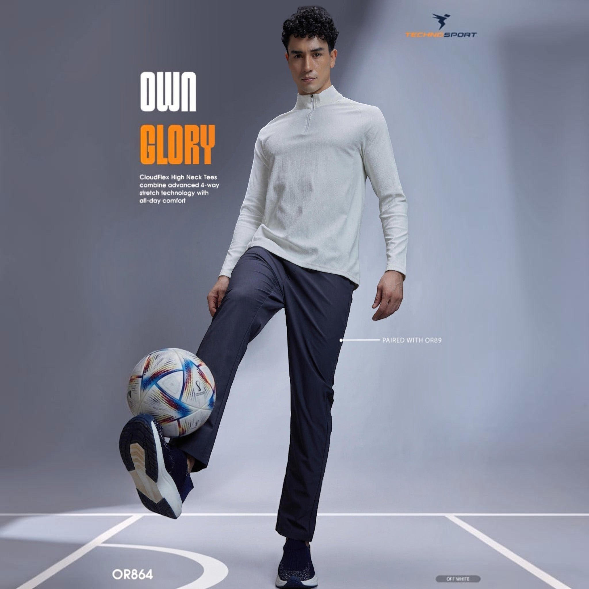 City Center TECHNOSPORTS white long-sleeve high neck athletic tee worn by a male model juggling a soccer ball