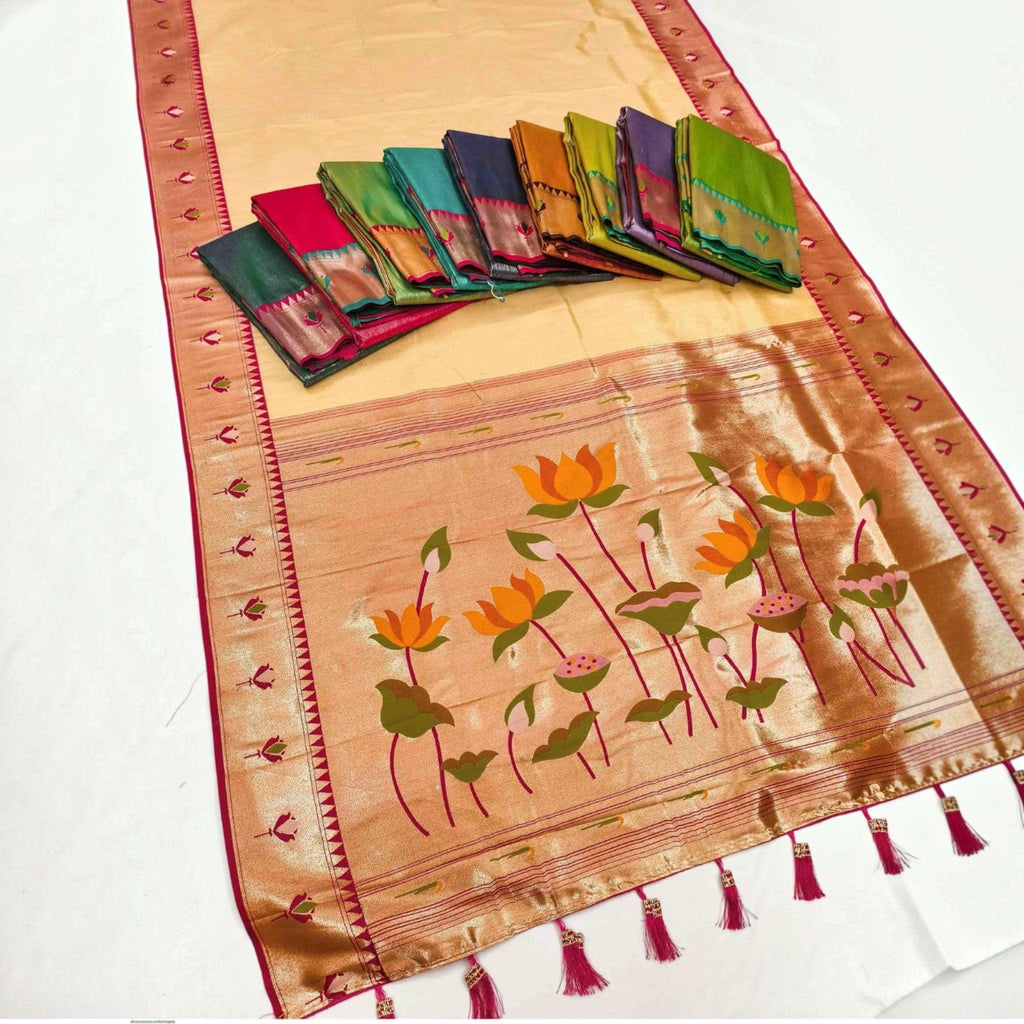 City Center Apratim Tishu Lotus Paithani saree with metallic sheen, intricate floral border, and tassel pallu detail.