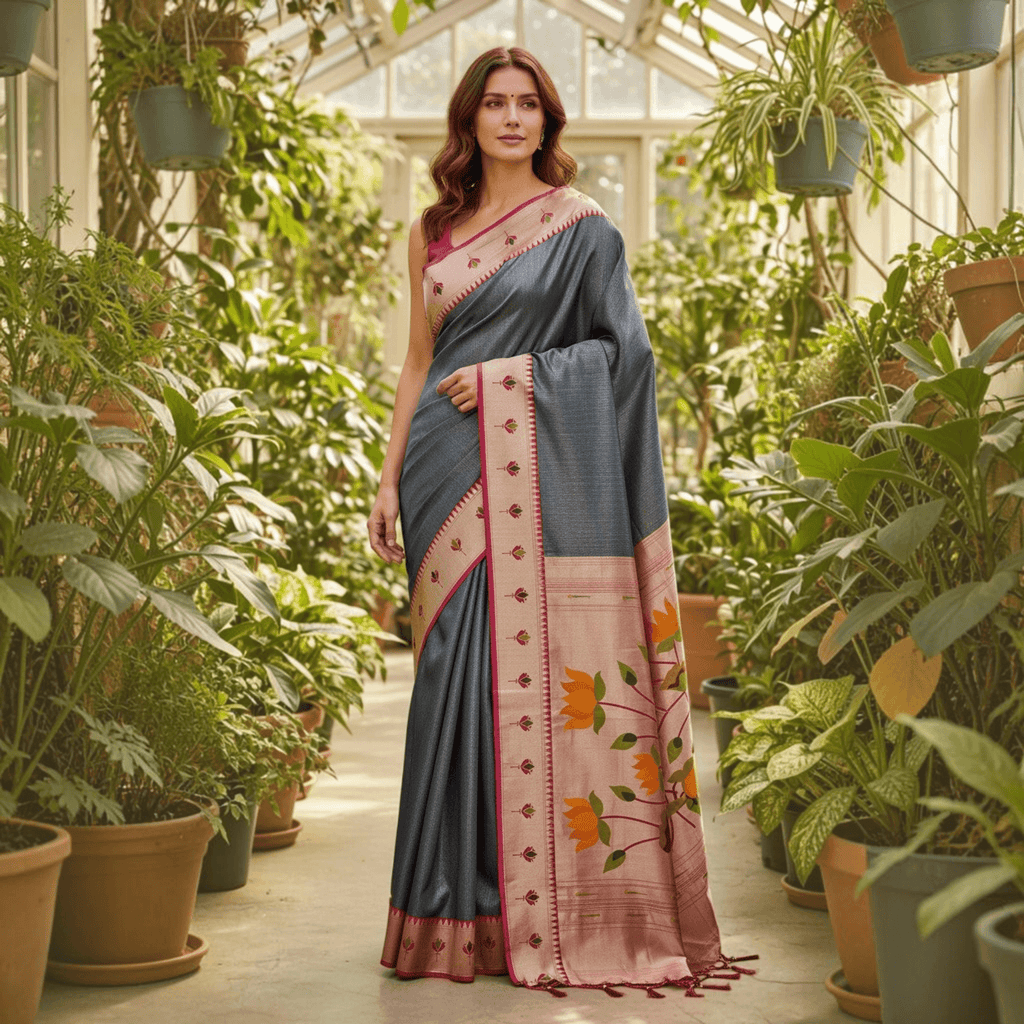 City Center Apratim Tishu Lotus Paithani saree in grey with a metallic sheen, featuring a pink border and floral motifs.